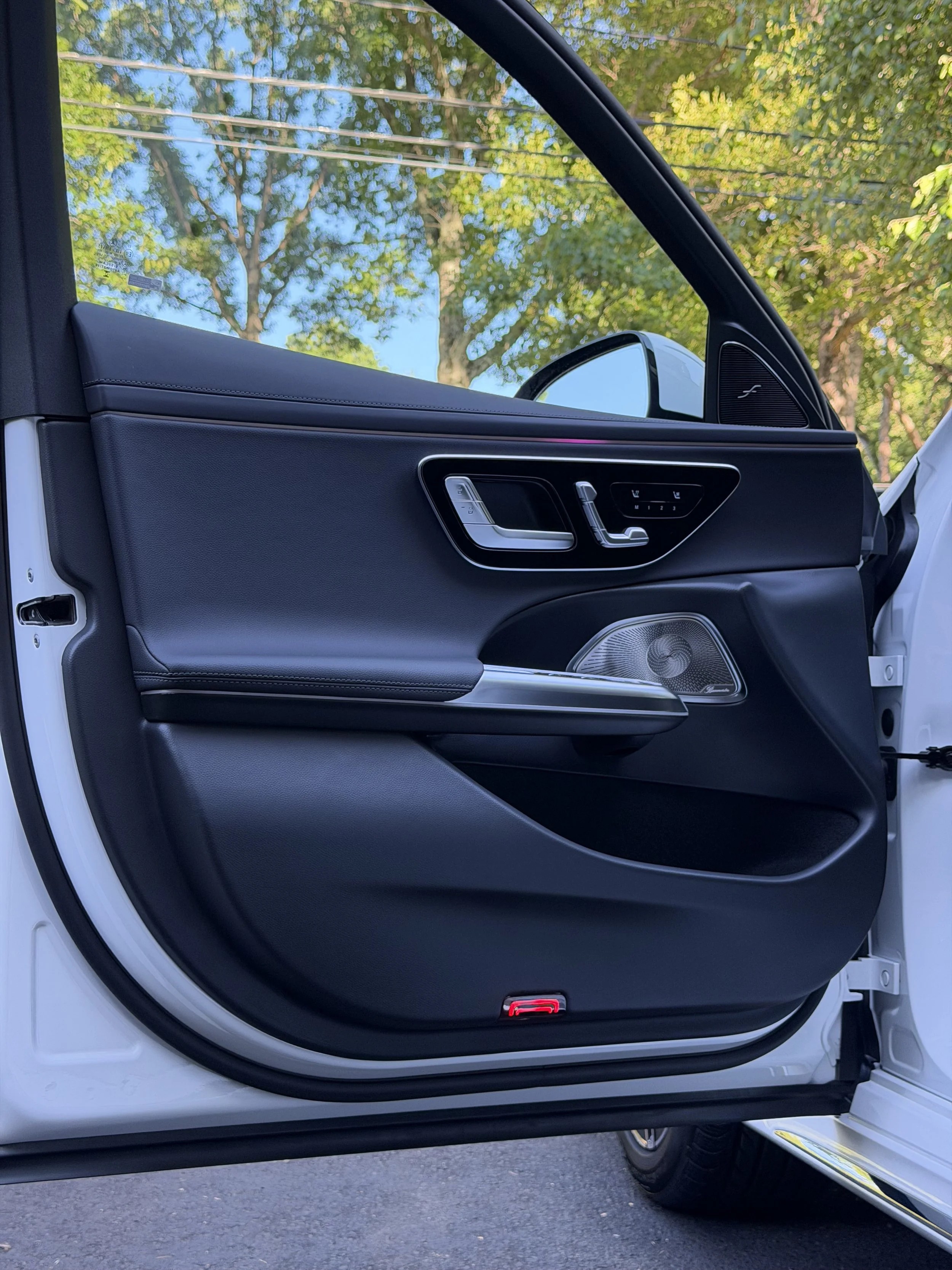 The interior of a modern car door revealing features such as a speaker, controls for seats and windows, and an interior handle, with a background of trees and blue sky visible through the window.