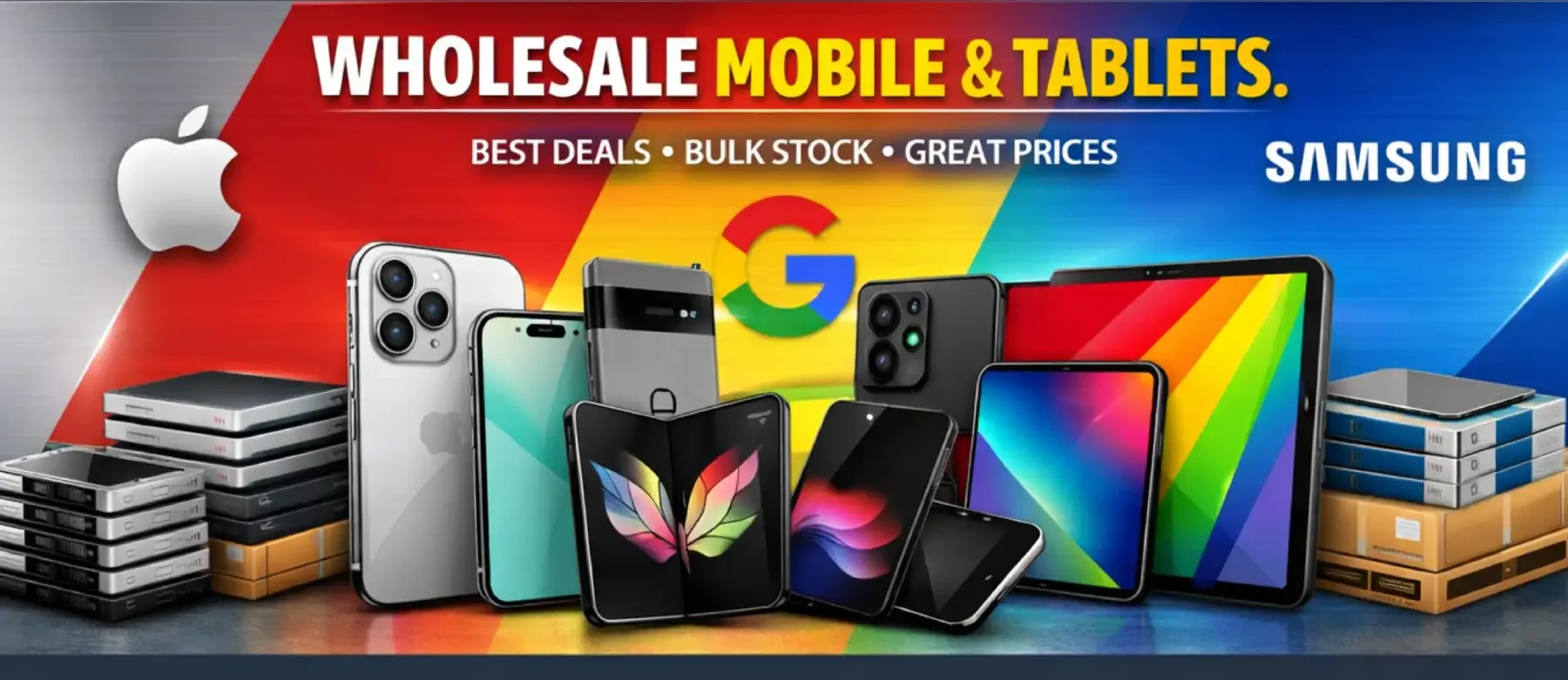 Wholesale mobile and tablet devices featuring Apple and Samsung products with stacks of phones and tablets, highlighted text in red, yellow, and blue, and a colorful background.