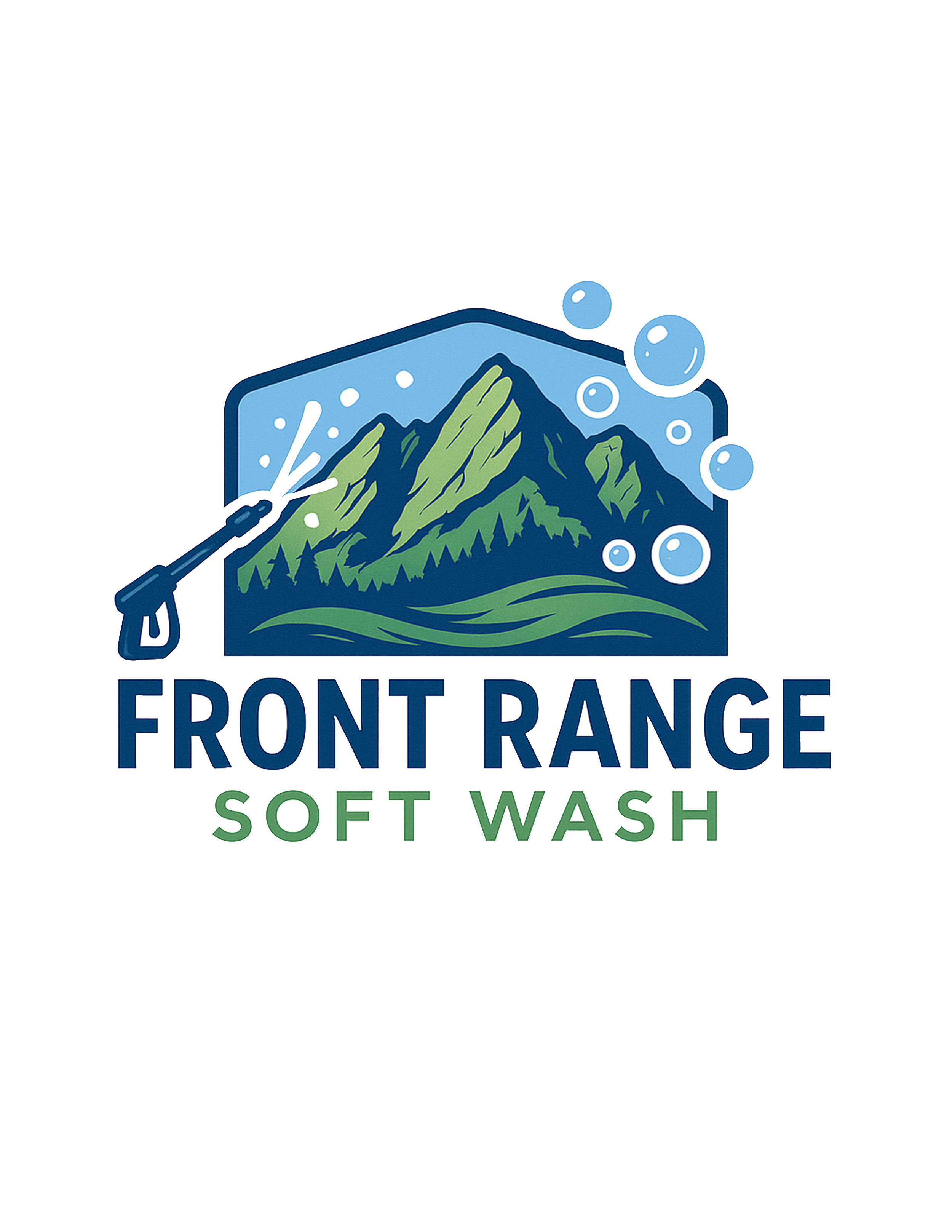 Logo for Front Range Soft Wash with a mountain landscape, bubbles, and a spray wand.