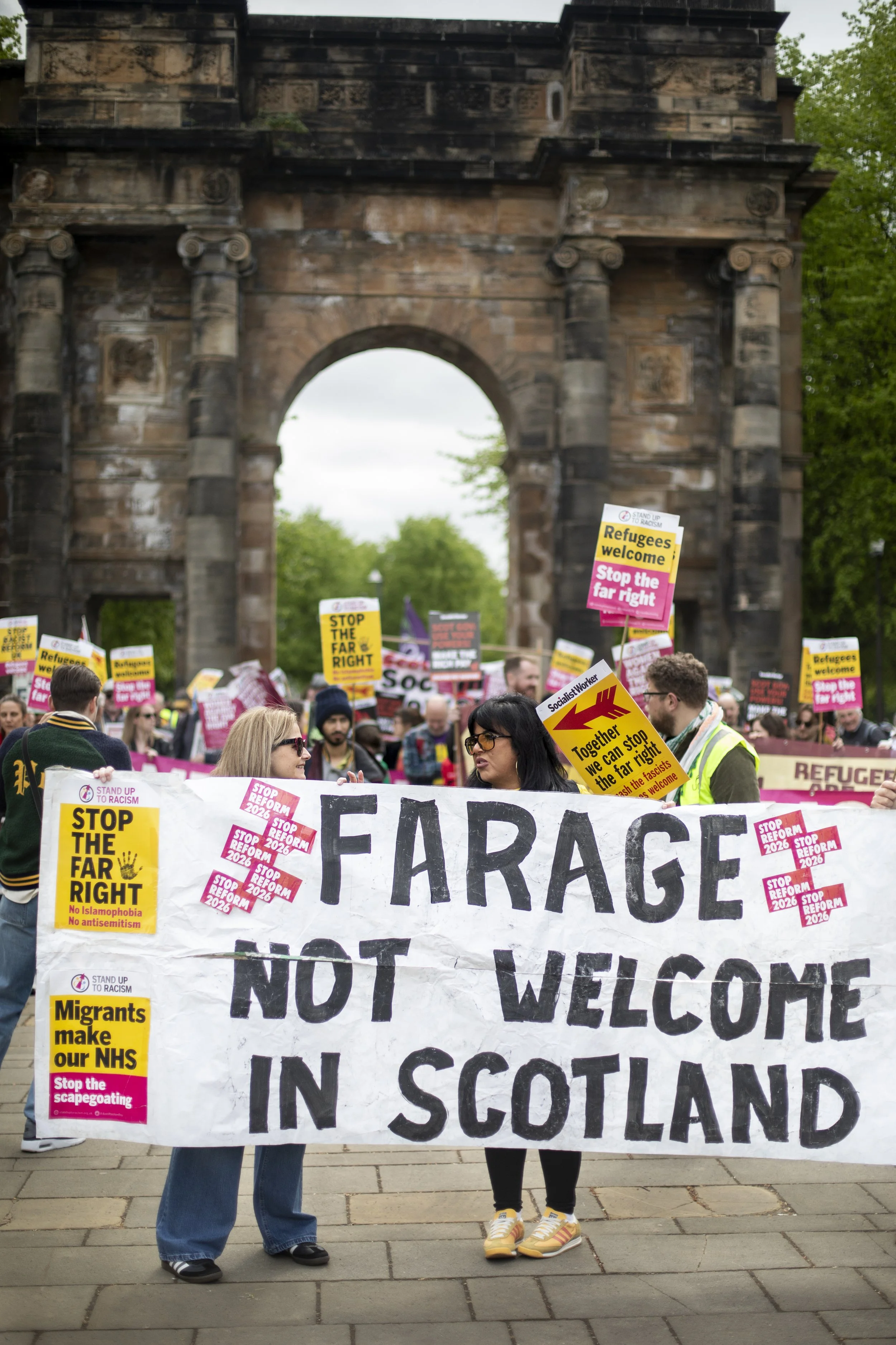 Protesters hold a banner reading “Farage Not Welcome in Scotland” at the start of a Stand Up To Racism demonstration called following the Scottish Parliament elections, in which Reform won 17 seats. (09/05/26)