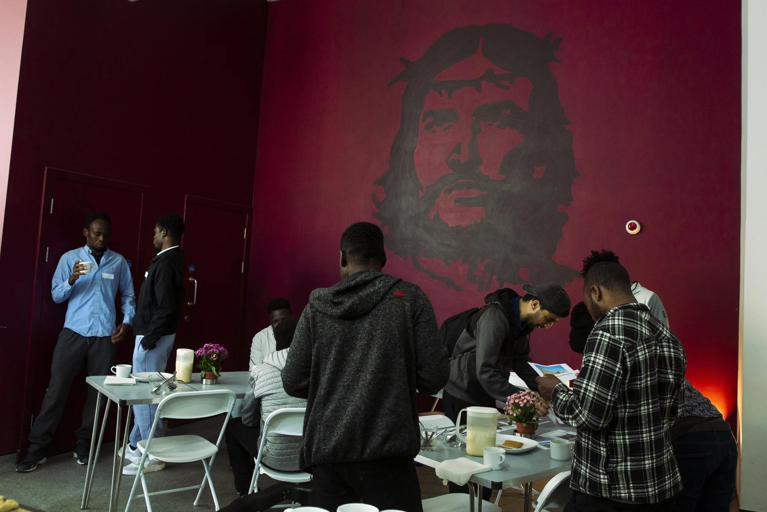 Guests at Glasgow City Mission attend an English as a second language class for beginners. These classes are run by volunteers and attended by people within the asylum system unable to get a place at local college classes.