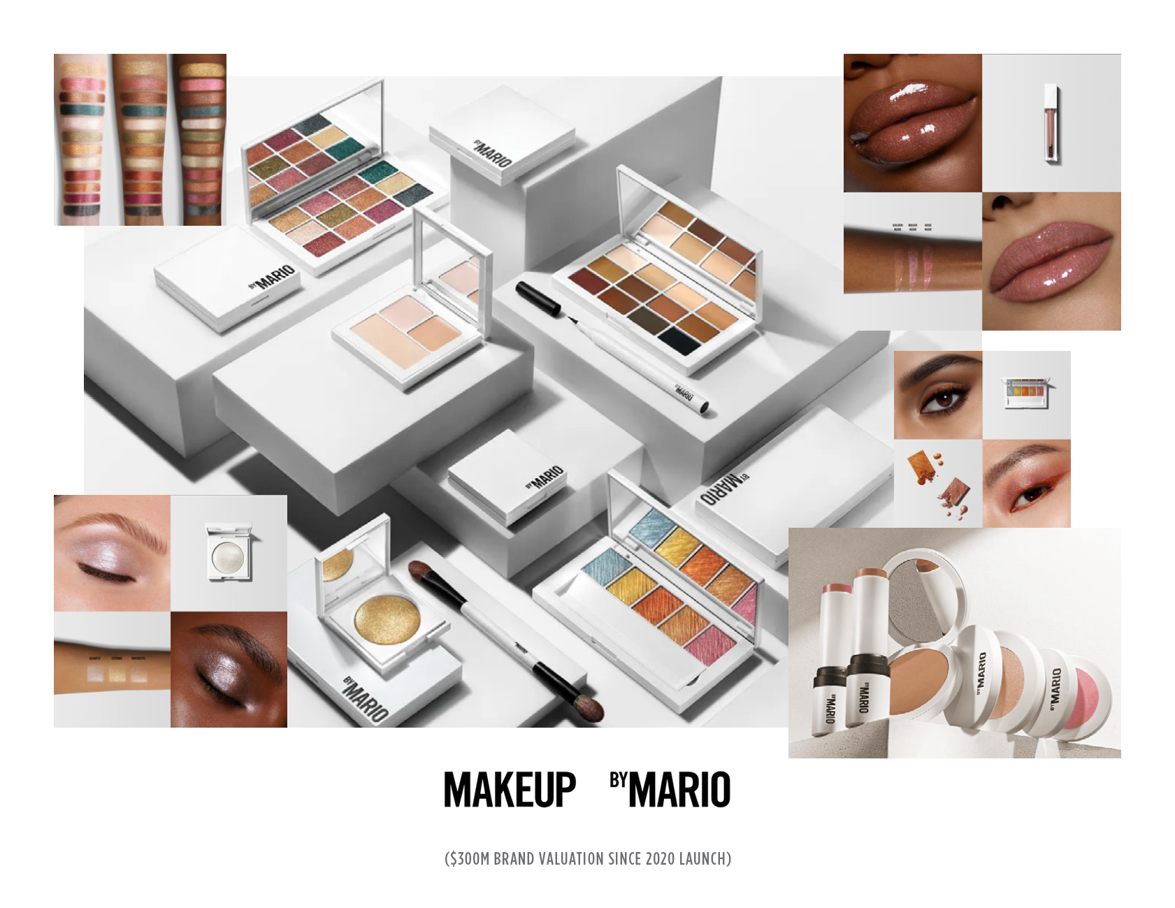 Collection of makeup products including eyeshadow palettes, lip glosses, powders, and brushes displayed on white platforms. Multiple close-up images showcase eye makeup, lips with gloss, and swatches of color. The text "MAKEUP BY MARIO" and a stateme