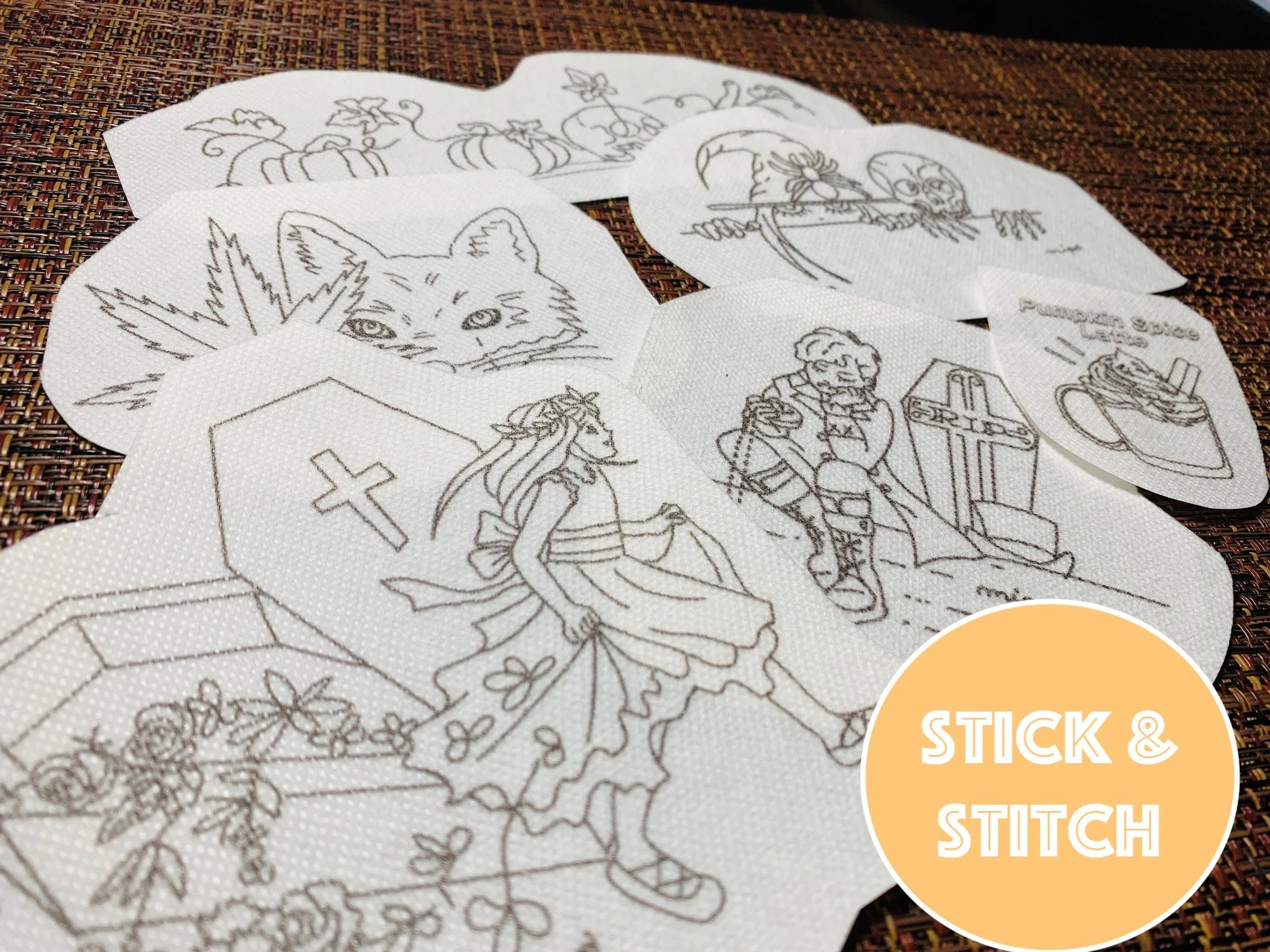 Water-soluble embroidery stickers with vampires and witch