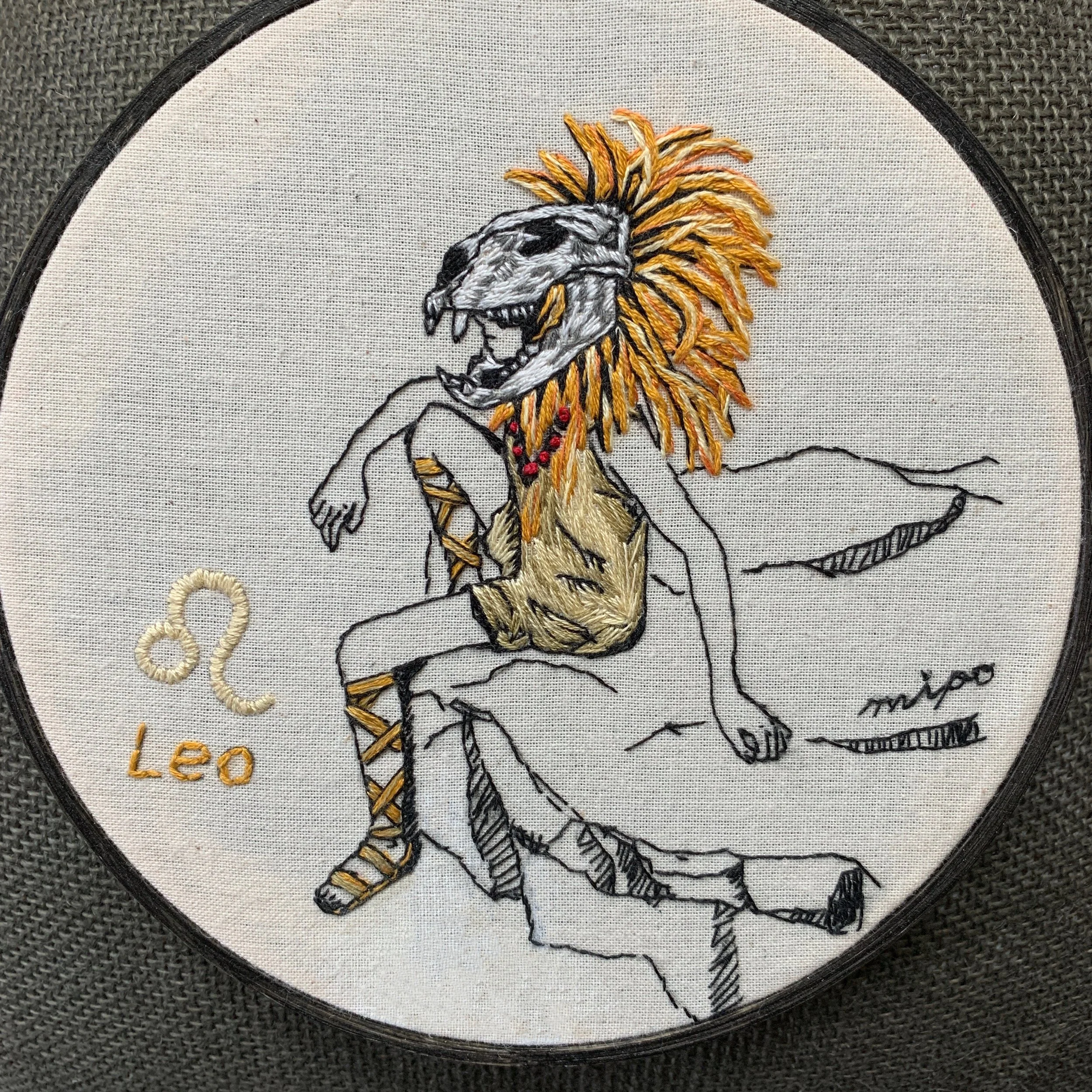 Hand embroidery motif LEO-finished embroidery hoop.jpeg
