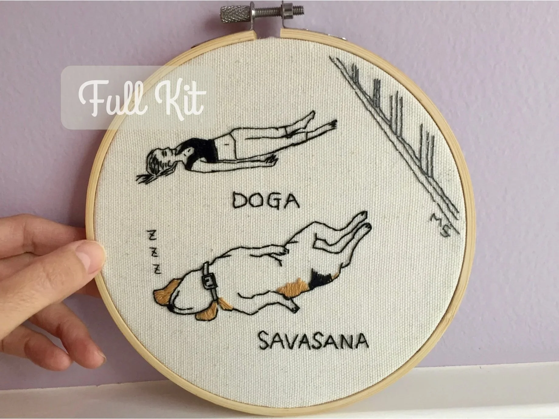 Doga Savasana embroidery kit with yoga girl and beagle lying down, pre-printed fabric in hoop.badge+T+%26+I+kit+%281%29.jpg