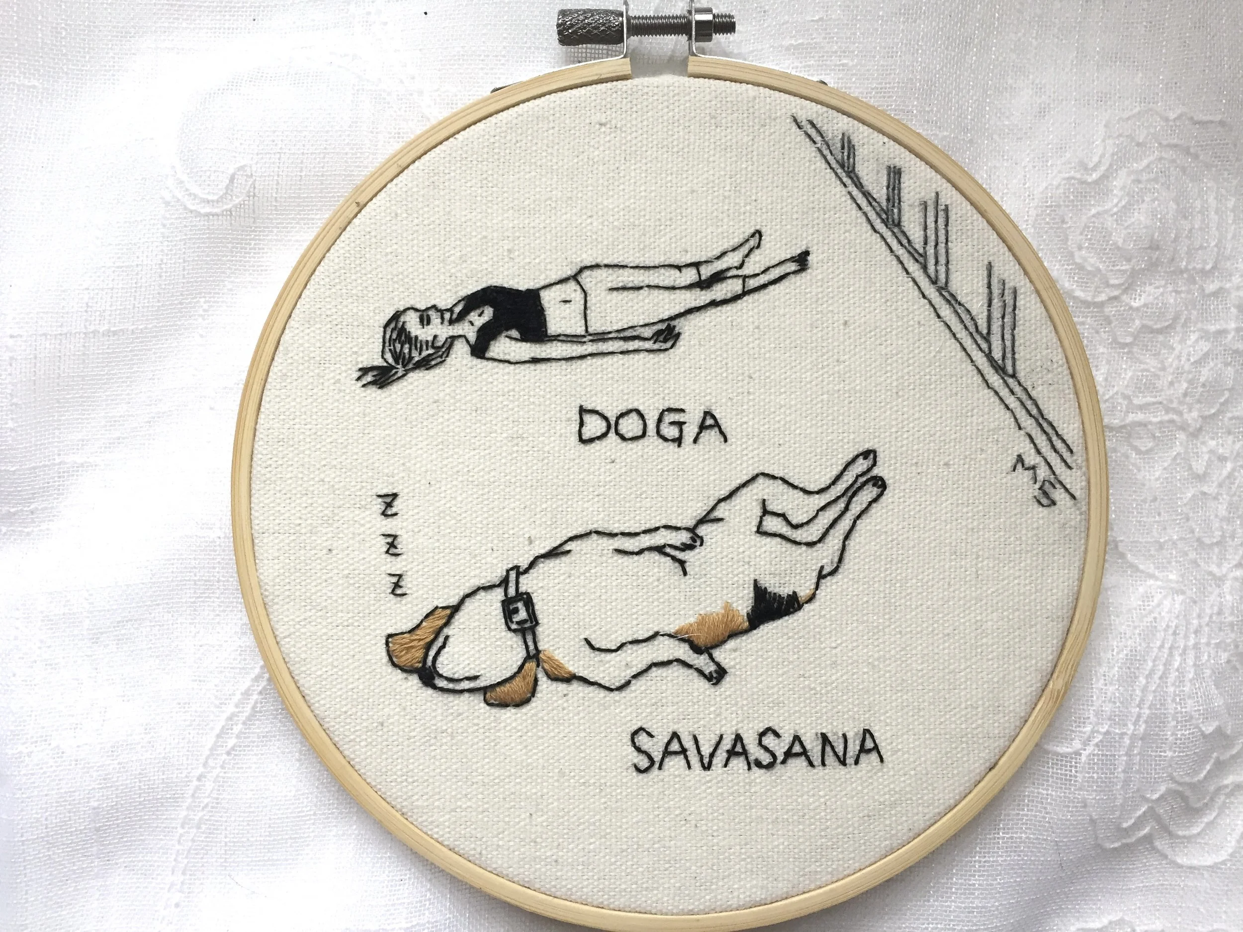 Doga Savasana embroidery kit with yoga girl and beagle lying down, pre-printed fabric in hoop..jpeg