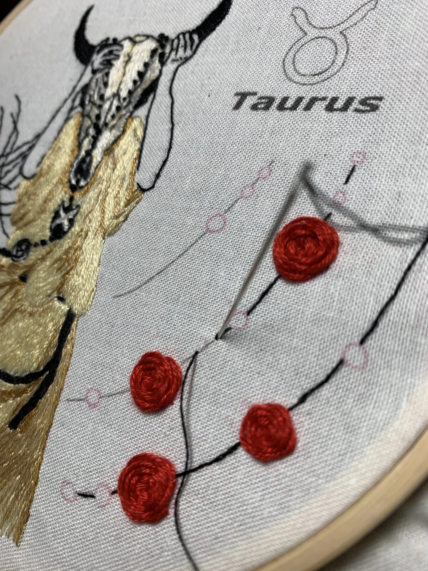 Hand embroidery details of Taurus bull skull mask with red roses and flowing hair on pre-printed fabric.jpeg