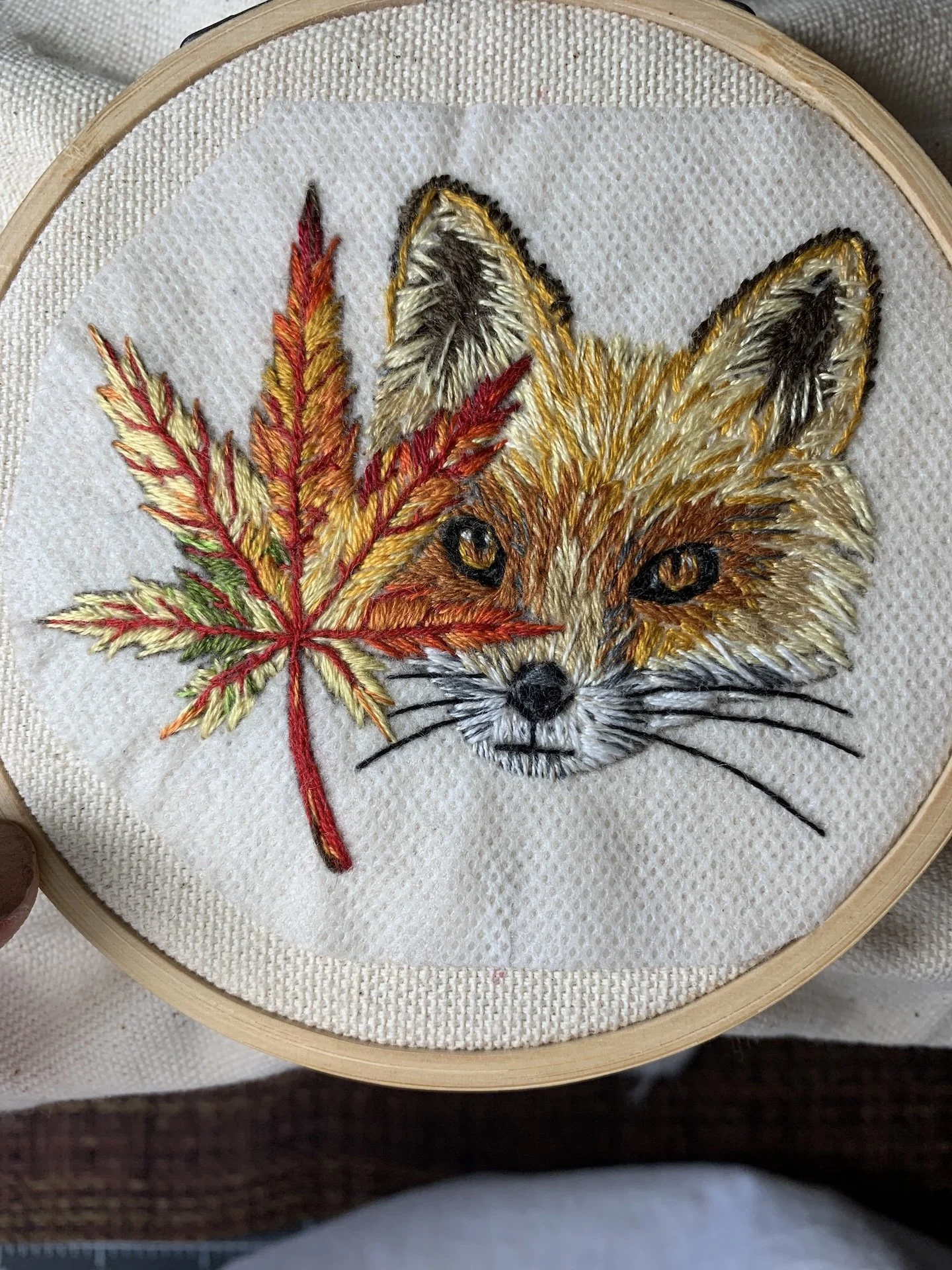 Hand embroidery kit with stick and stitch sticker motif featuring fox and leaves.  .jpeg