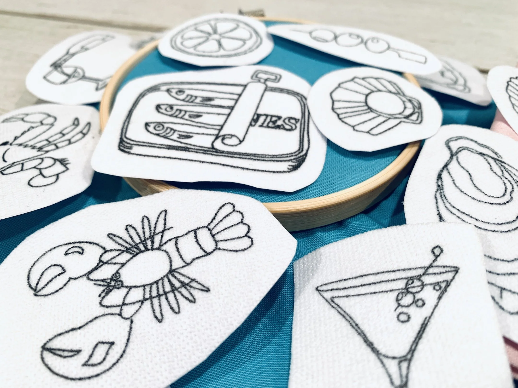Seafood embroidery motifs-lobsters, sardines, scallops crabs