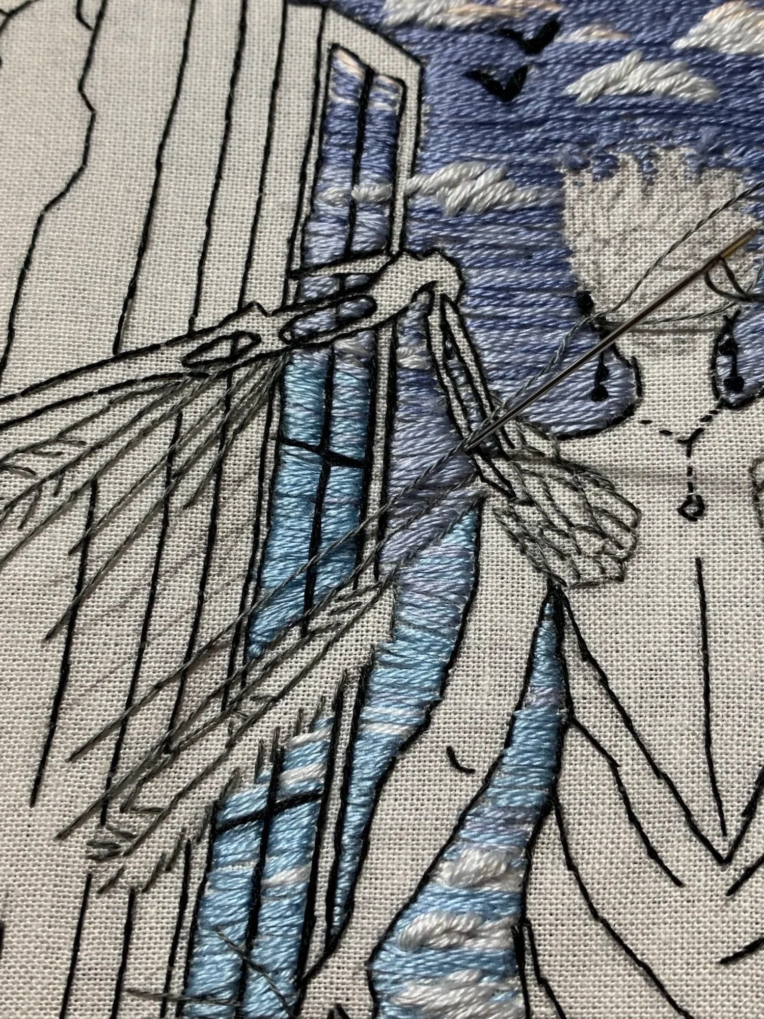 close up to the embroidery stitch of broken wings on virgo embroidery kit