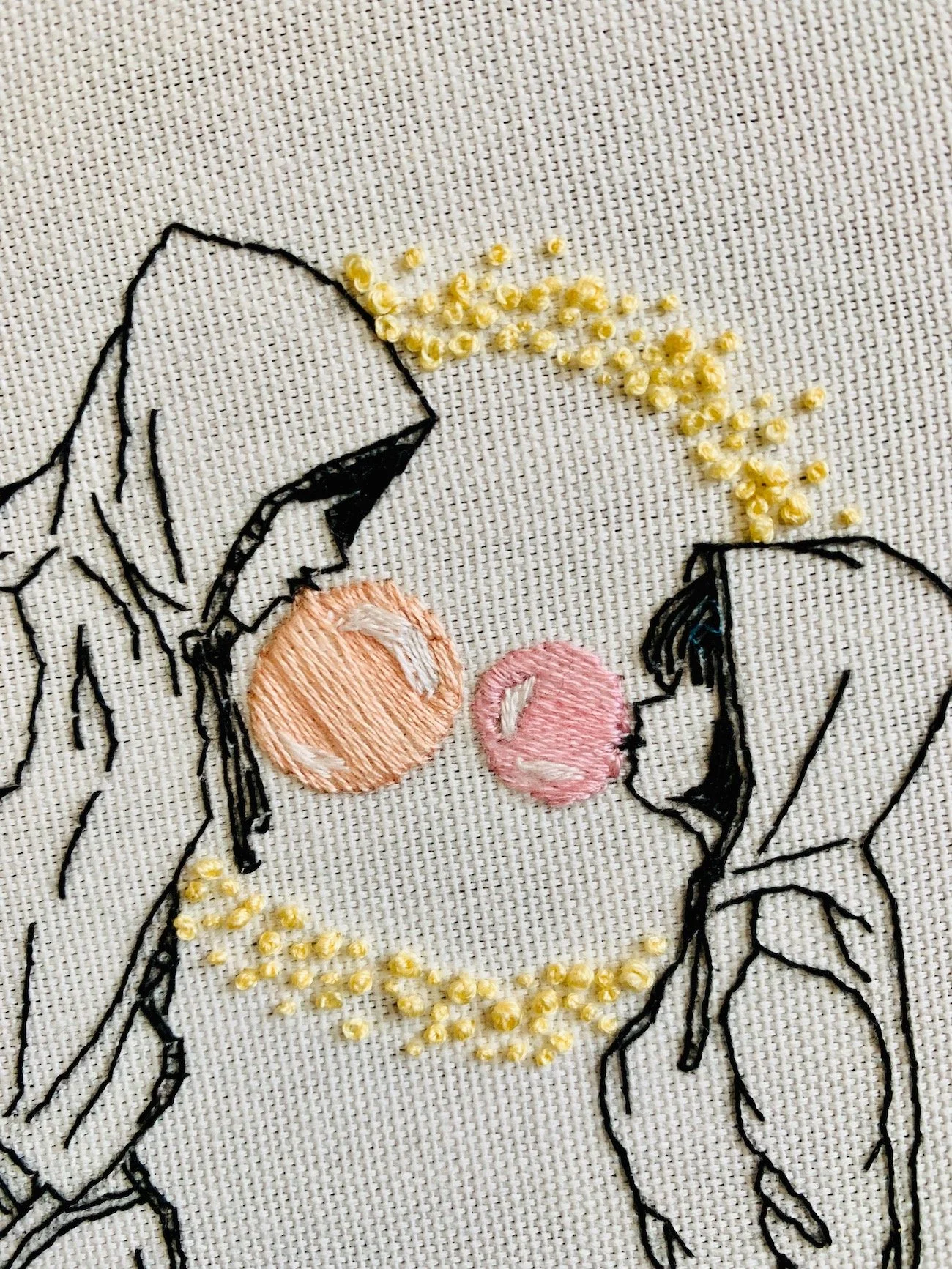 Close up of finished embroidery art hoop, Bubblegum.jpeg
