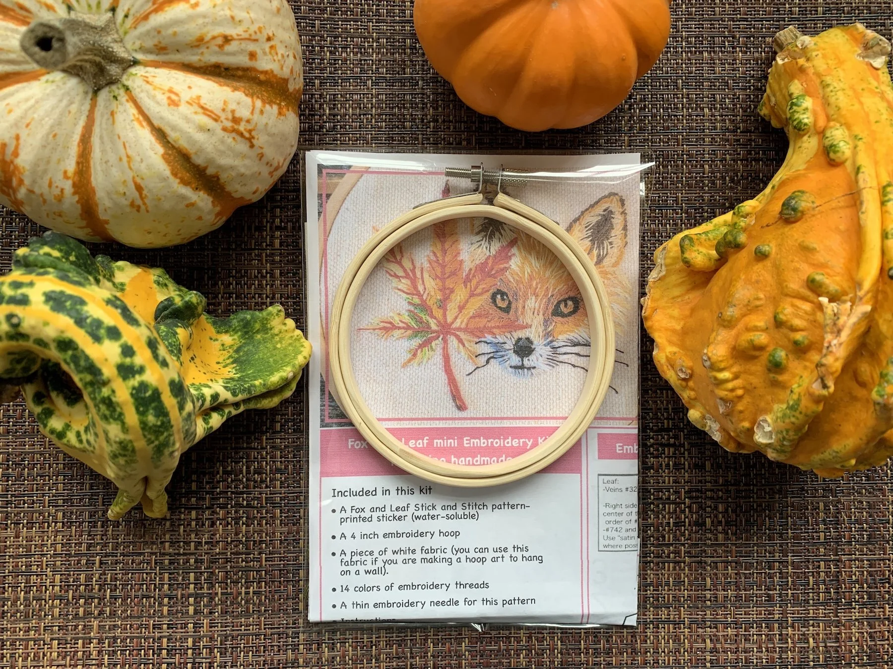 Product package front of Fox and Leaf mini embroidery kit.jpeg