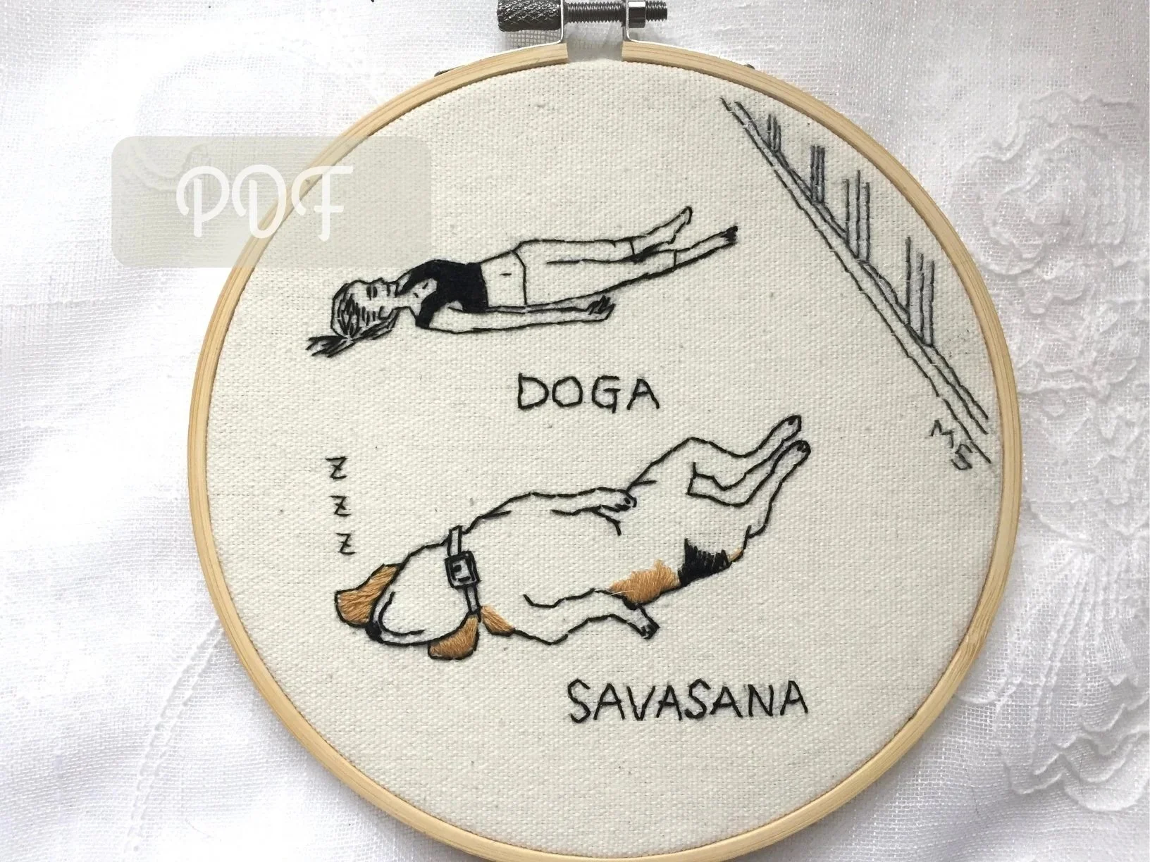 Savasana pose yoga dog silly embroidery PDF pattern