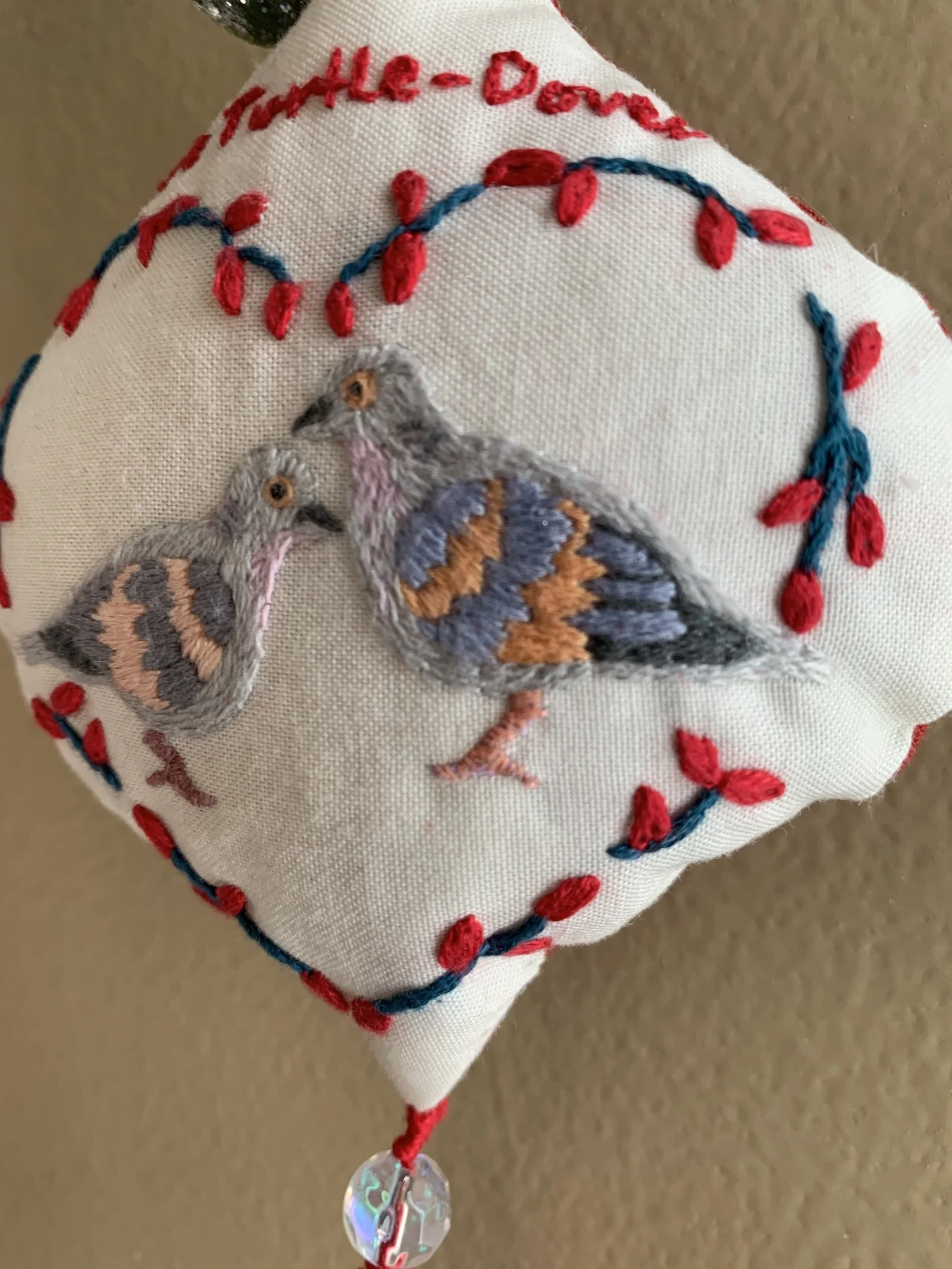 Two turtle dove embroidery ornament  close up .JPG