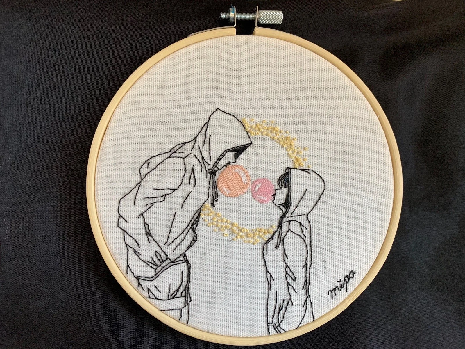 finished embroidery hoop showing hoodie couple with two bubbles.jpeg