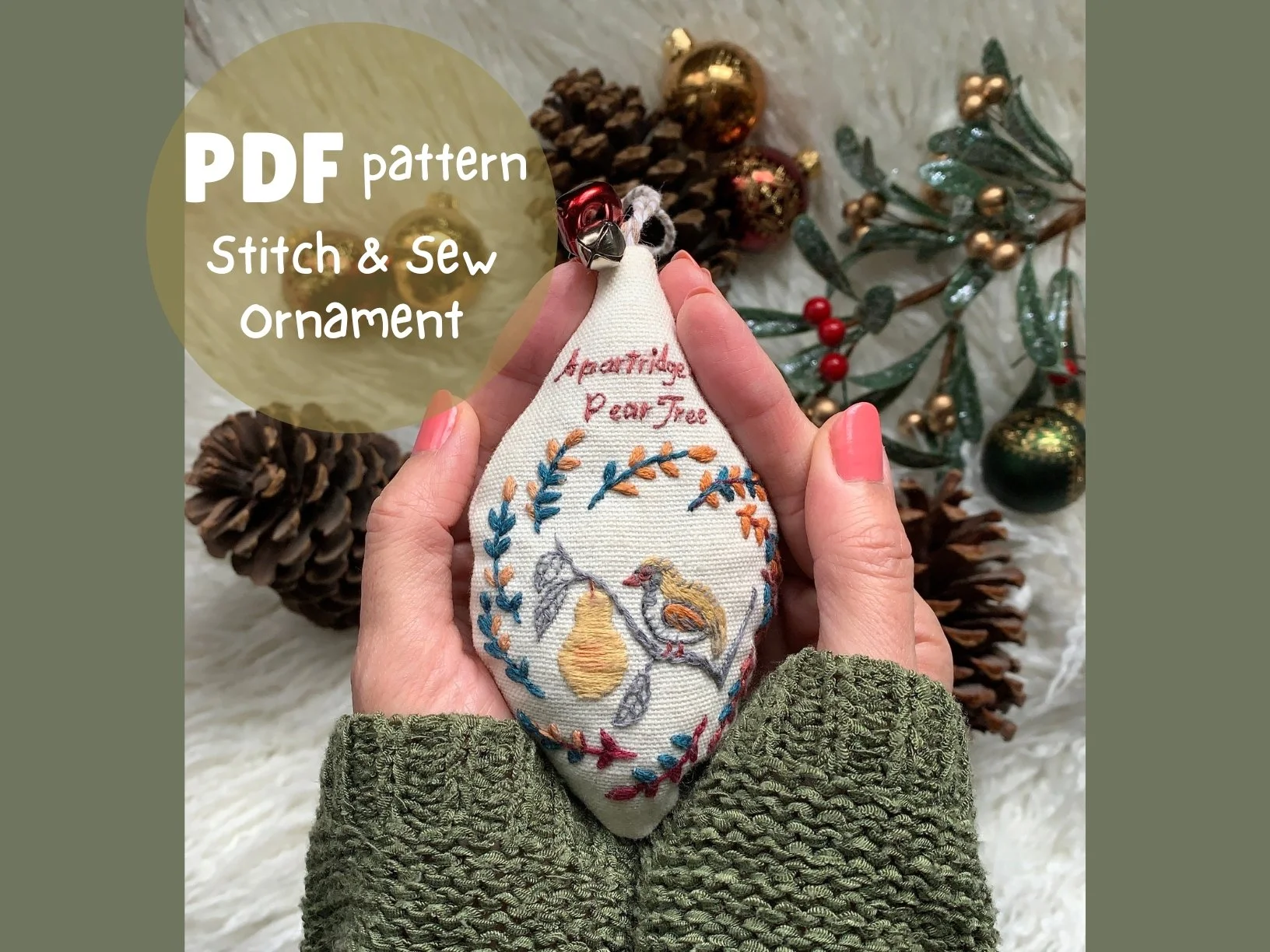 A Partridge in a Pear Tree – Christmas Ornament Embroidery PDF Pattern