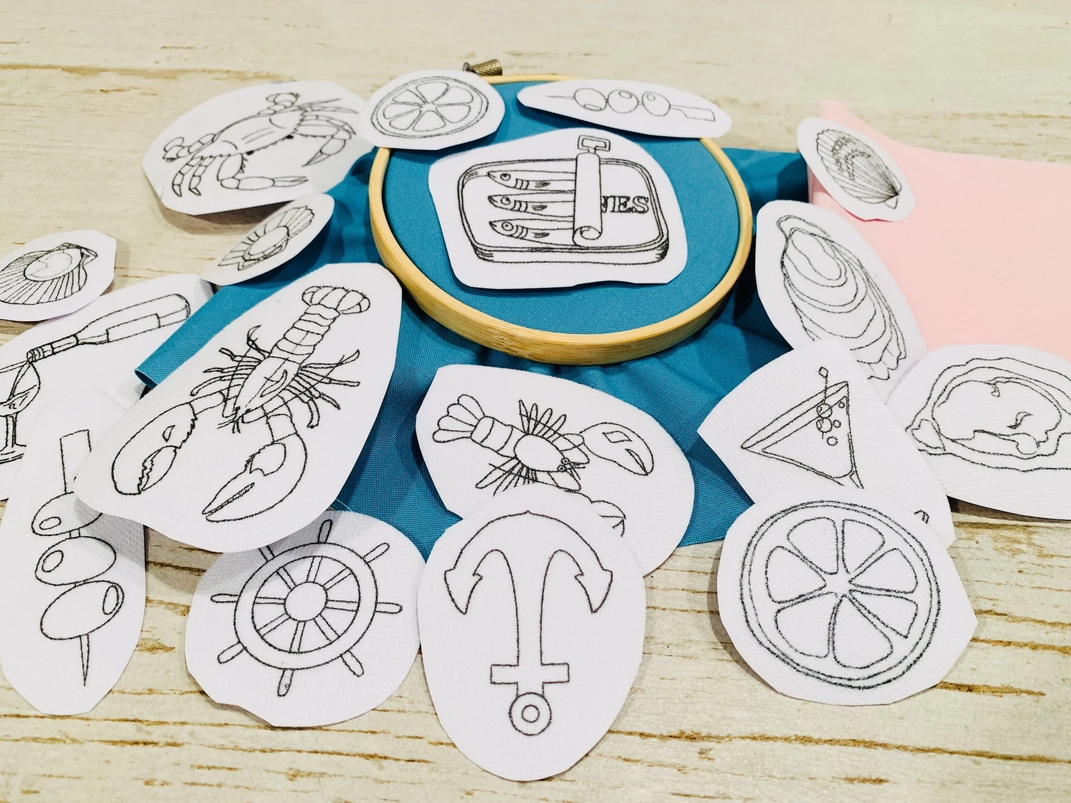 displaying embroidery patch stickers-seafood motifs