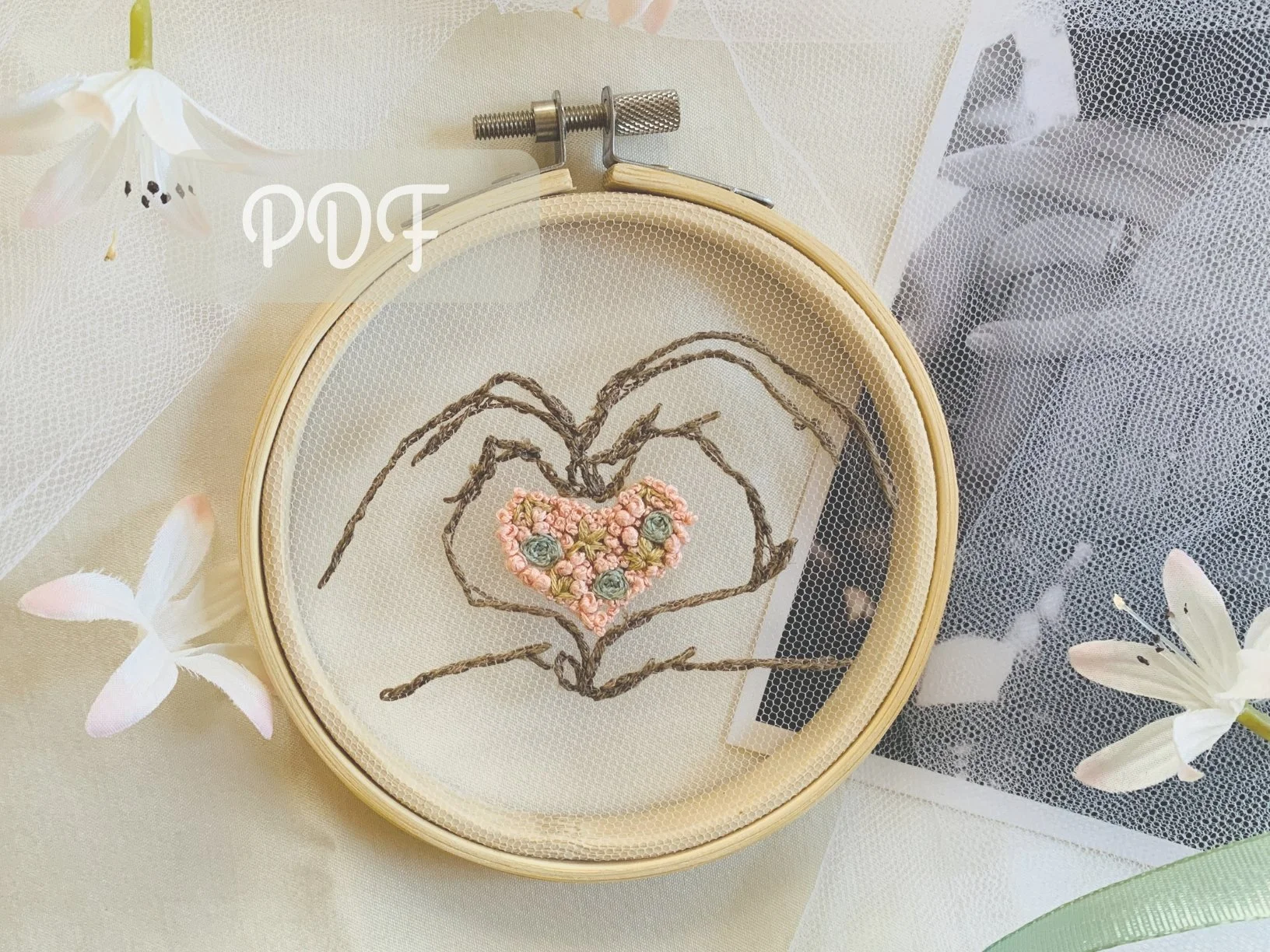 Tulle embroidery Hands & Heart, beautiful keepsake anniversary project