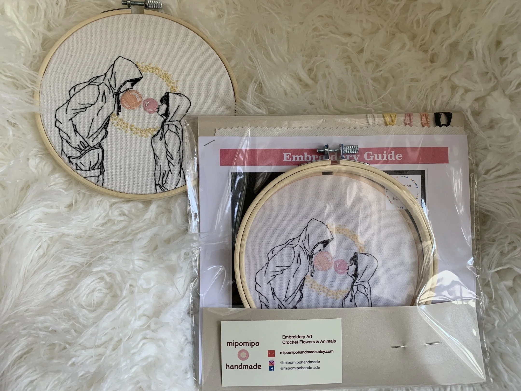 Complete Bubblegum embroidery kit with hoop, floss, needle, and instructions.jpeg