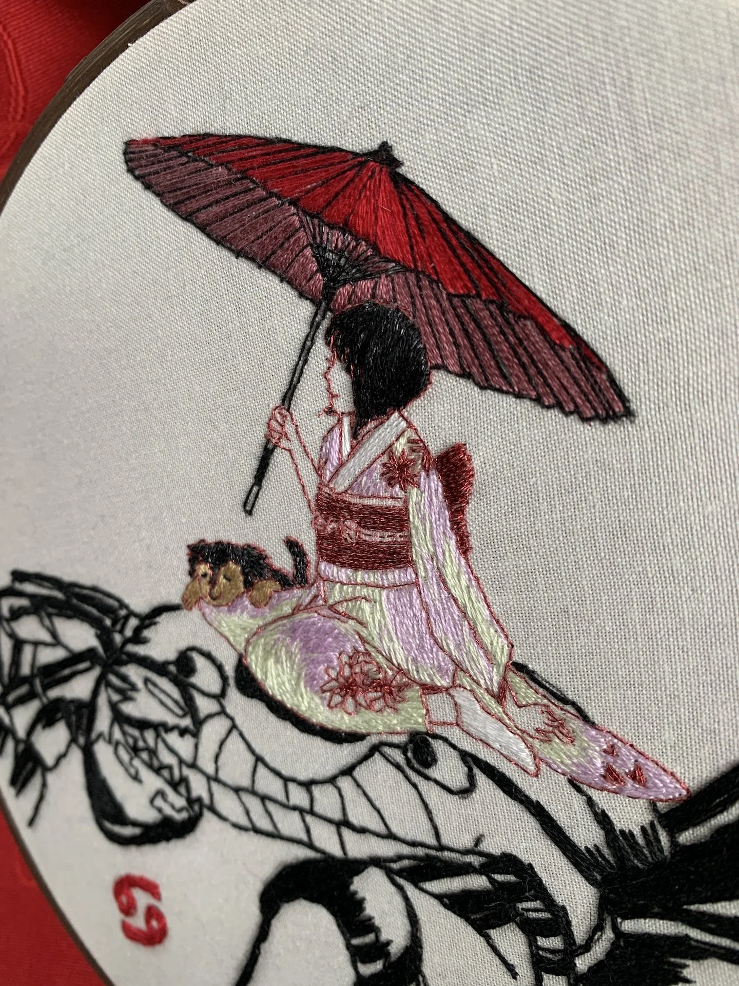 Angle view of finished Cancer zodiac girl embroidery motif .jpeg