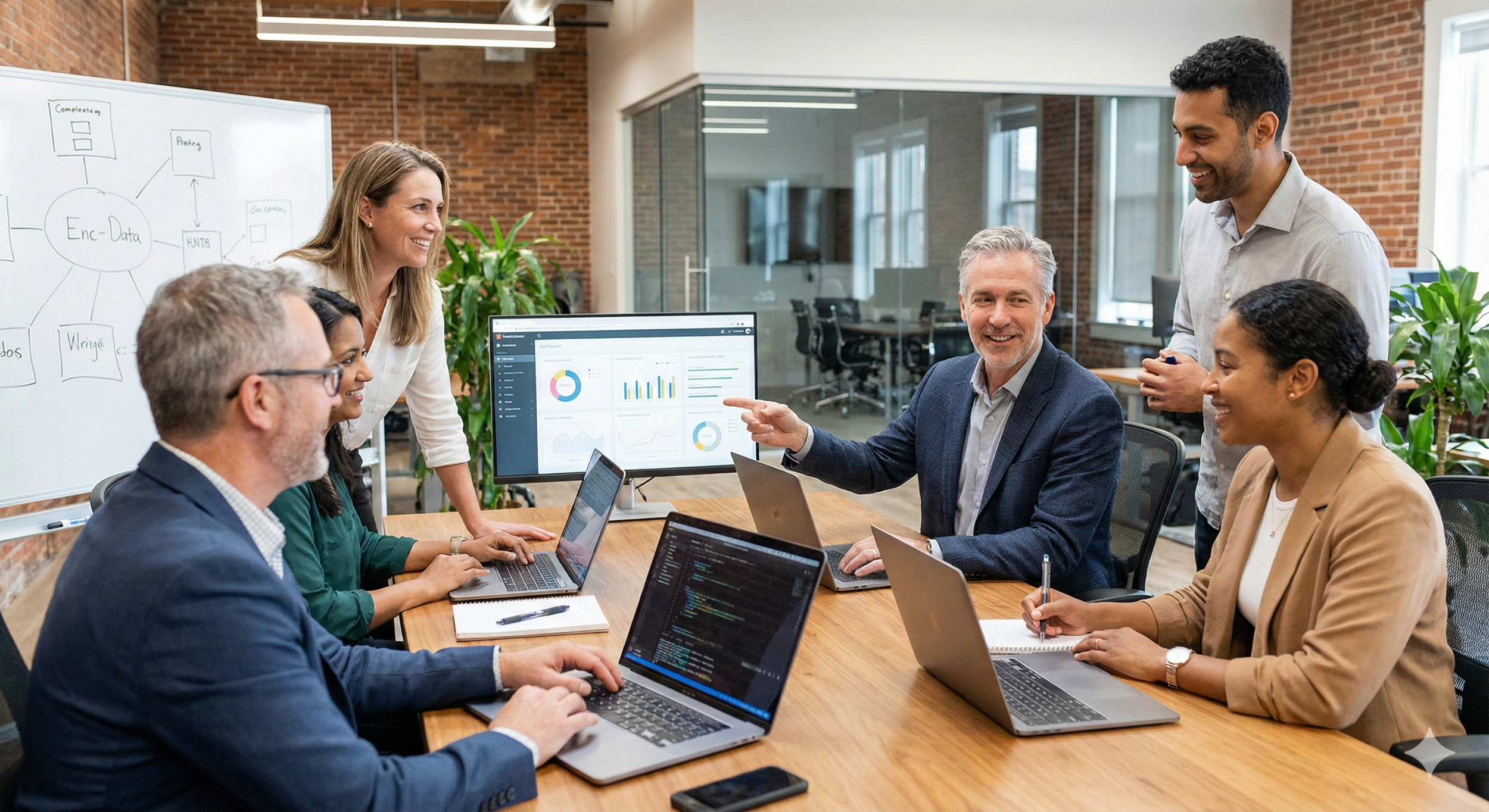 A diverse group of six professionals in a meeting room, sitting and standing around a wooden table with laptops and notebooks, engaging in a discussion. One man is pointing at a monitor displaying charts, while others smile and listen. The room has brick walls, large windows, and plants, with a whiteboard in the background.