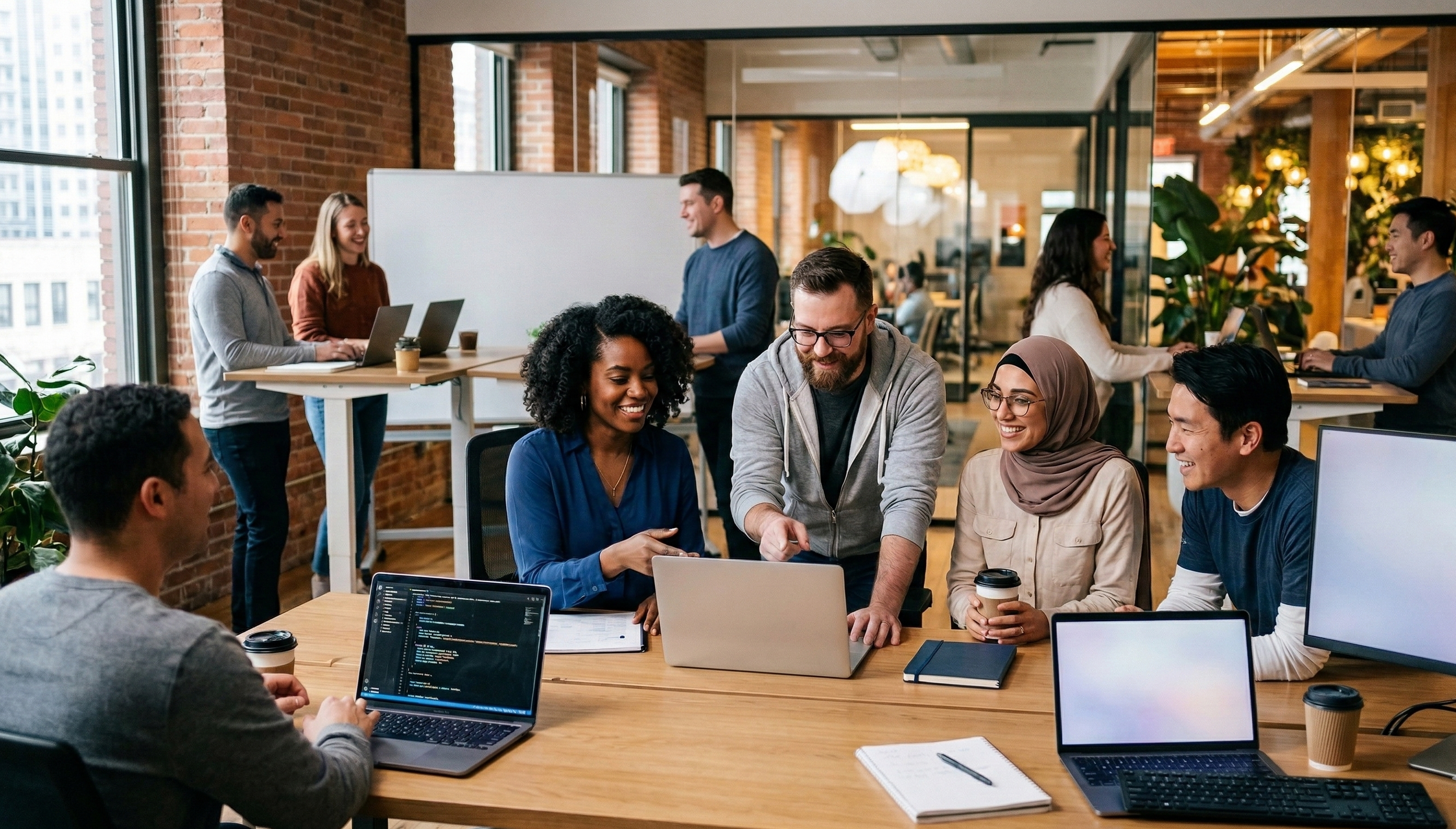 A diverse group of people in a modern, open office collaborating around a table with laptops and notebooks. Others are working at desks in the background.