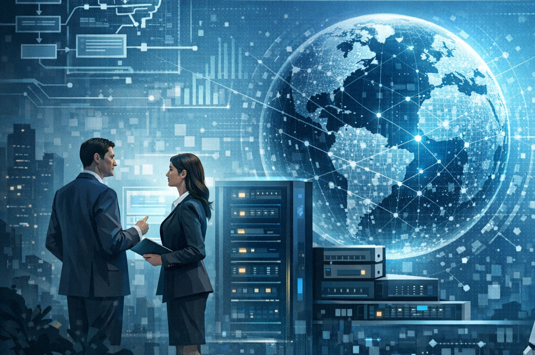 Two professionals in business suits having a discussion in front of a cityscape with a large digital globe displaying interconnected data and graphics in the background.