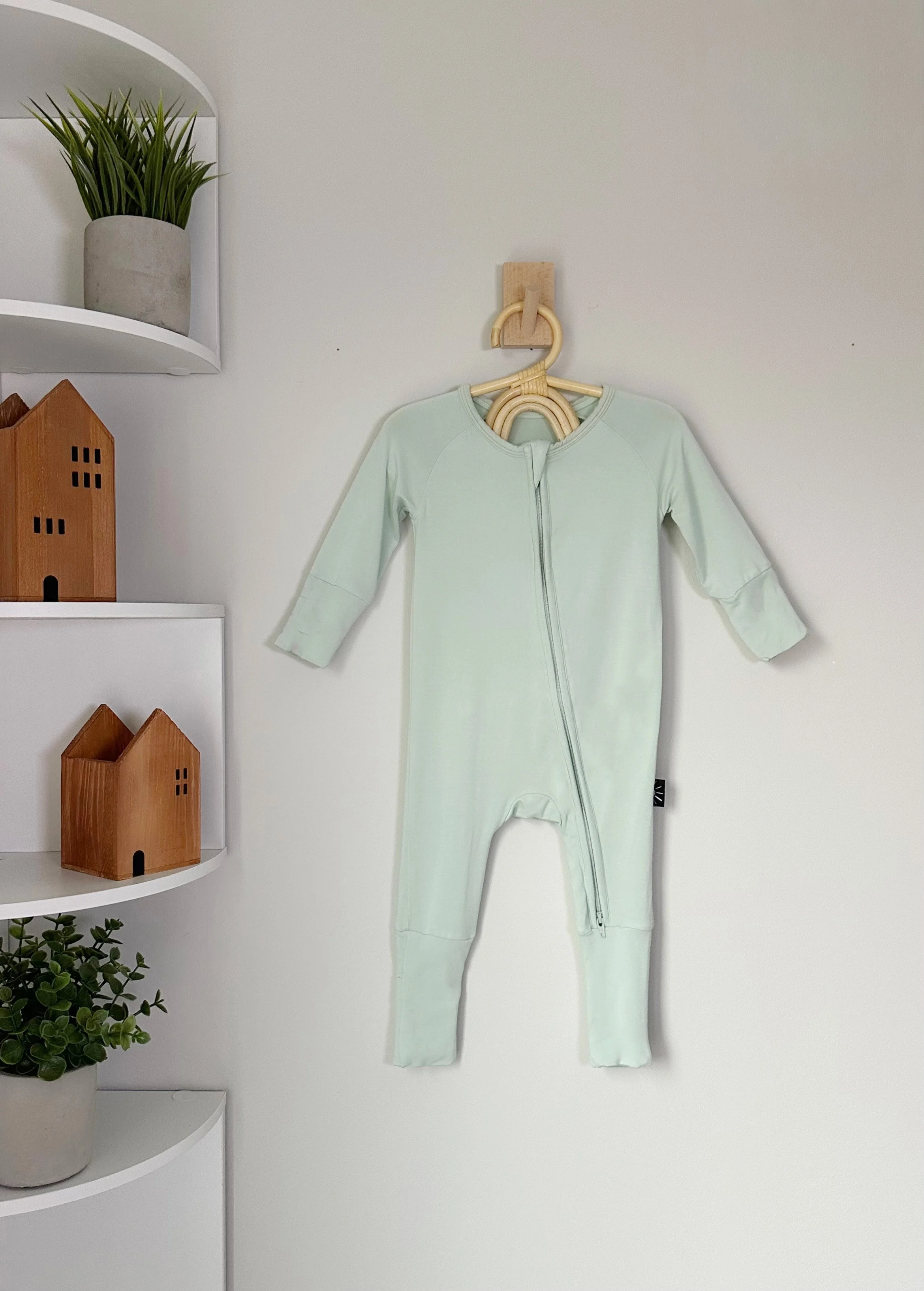 Bamboo Baby Romper with Fold-Over Cuffs & Feet Two-Way Zipper (Sage Mist)