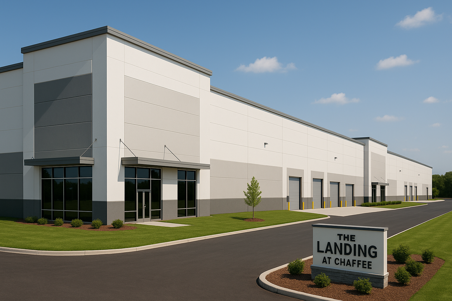Modern warehouse building with multiple loading docks, glass entrance, and sign reading 'The Landing at Chaffee' in landscaped area.