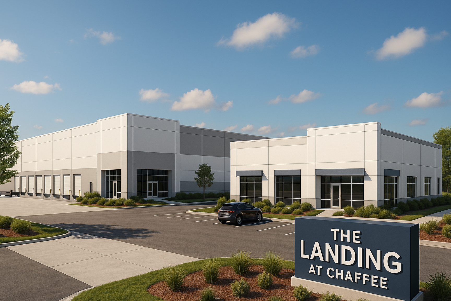 Modern commercial building with white exterior and large windows, surrounded by landscaped greenery, with a parking lot and a sign reading "The Landing at Chaffee" in the foreground.