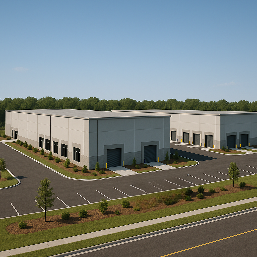 A modern industrial warehouse with multiple loading dock doors, parking spaces, and landscaped surroundings, set against a clear blue sky.