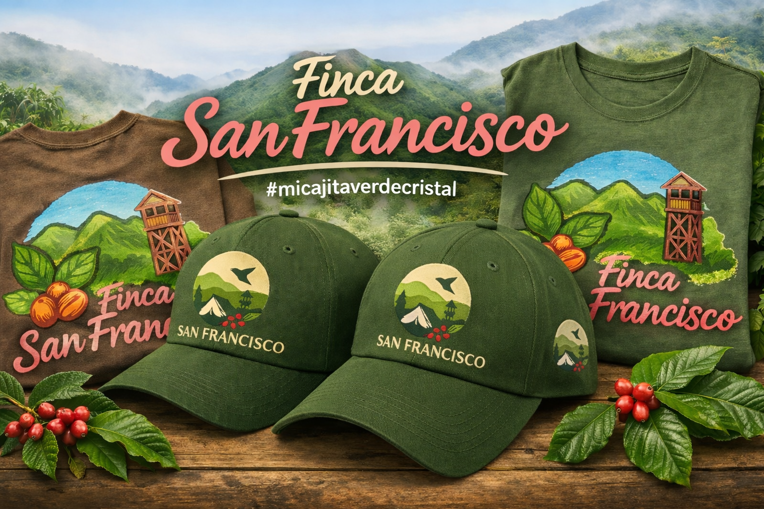 Display of merchandise with the theme 'Finca San Francisco,' including two green caps, two t-shirts with a mountain, lush greenery, and a small building in the design, set against a backdrop of mountainous landscape with mist. The items feature the logo and name 'San Francisco' and the hashtag #micajitaverdecristal, with decorative coffee cherries and leaves.