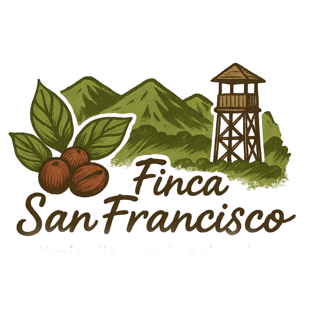 Illustration of coffee cherries, green mountains, and a wooden watchtower with the text 'Finca San Francisco' and the hashtag '#mocrallyafrica'.