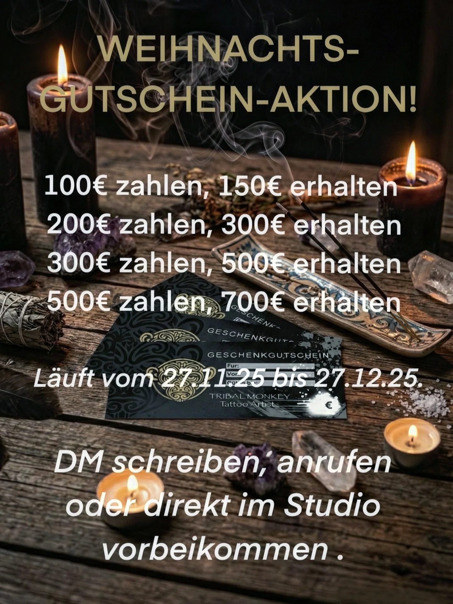Alright Leute, Weihnachtsmodus ist wieder da und wie jedes Jahr mache ich auch diesmal meine Gutschein Aktion. Perfekt zum Verschenken, noch besser zum Selbstbeschenken.

100 zahlen 150 bekommen
200 zahlen 300 bekommen
300 zahlen 500 bekommen
500 zah