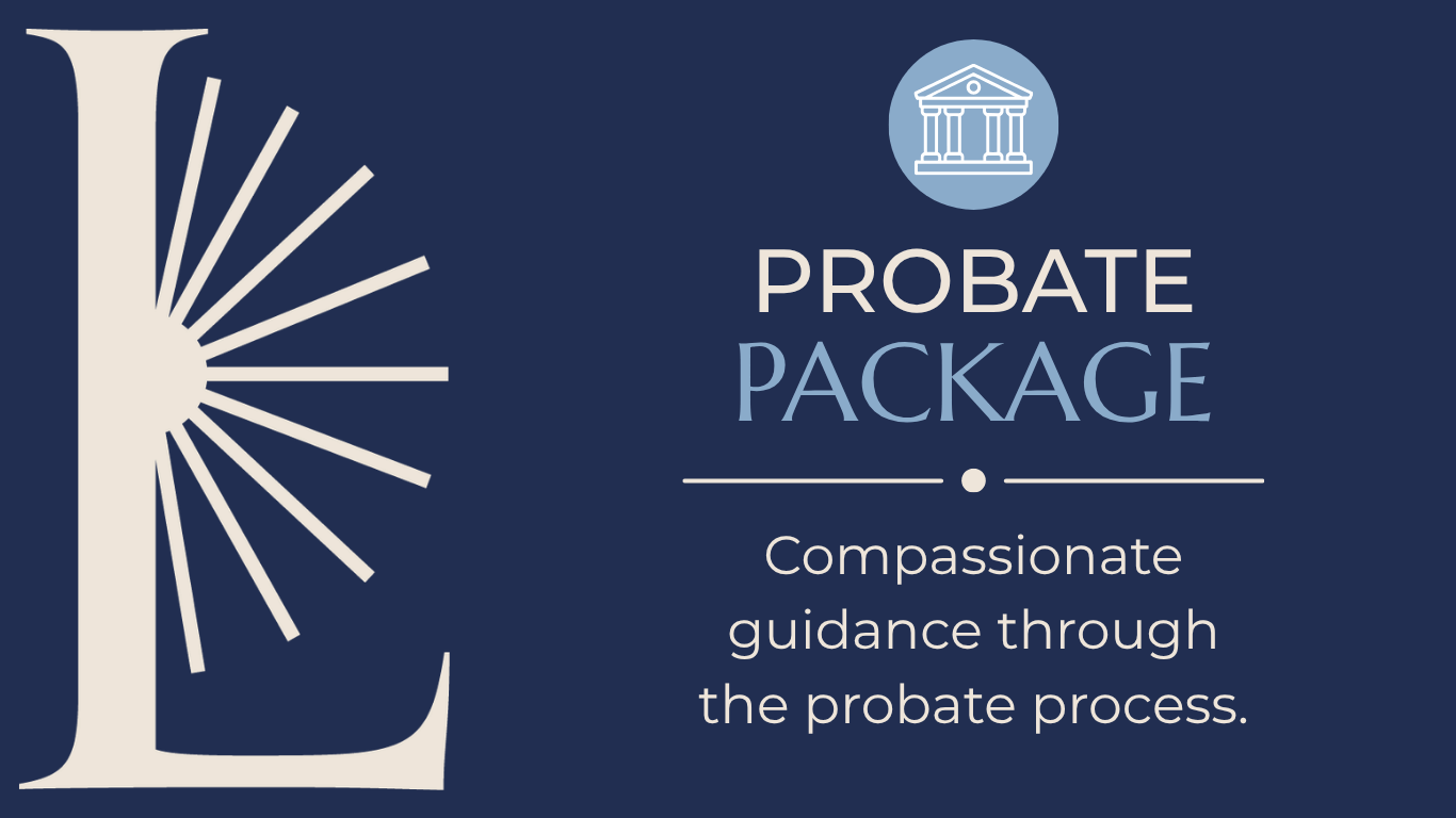 A navy blue graphical cover titled 'Probate Package' with a white courthouse icon and a large stylized letter 'L' on the left. Text describes compassionate guidance through the probate process.