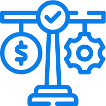 Icon of a balance scale with a dollar sign and a gear on each side, representing financial or business weighing and analysis.
