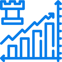 Blue line graph with upward trend, bar chart, and arrows indicating growth.