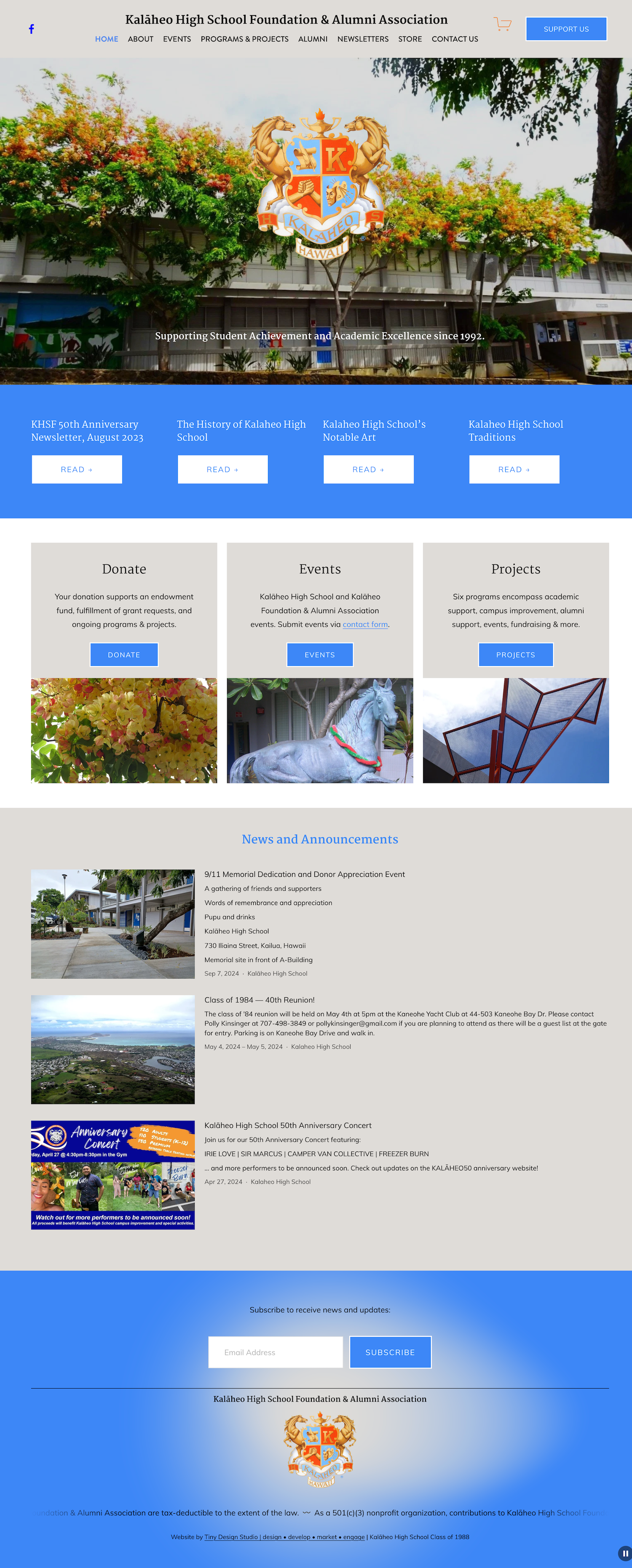 Homepage of the Kalaheo High School Foundation and Alumni Association website featuring the school crest, a background image of the school, and various sections about events, projects, news, and donation options.