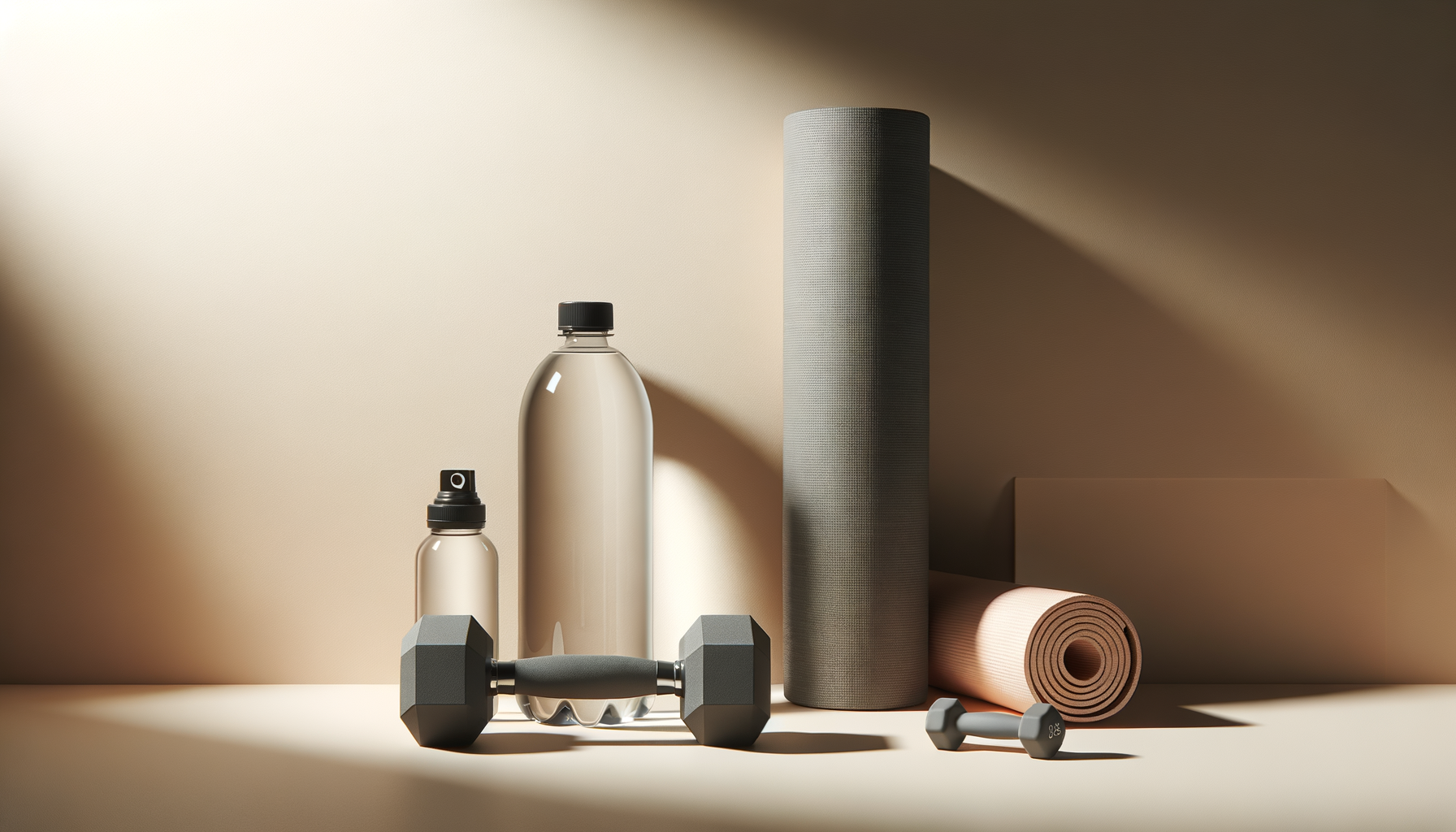 Fitness equipment including a water bottle, spray bottle, gray dumbbells, a pink yoga mat, a gray foam roller, and a small gray dumbbell on a beige background with shadows.