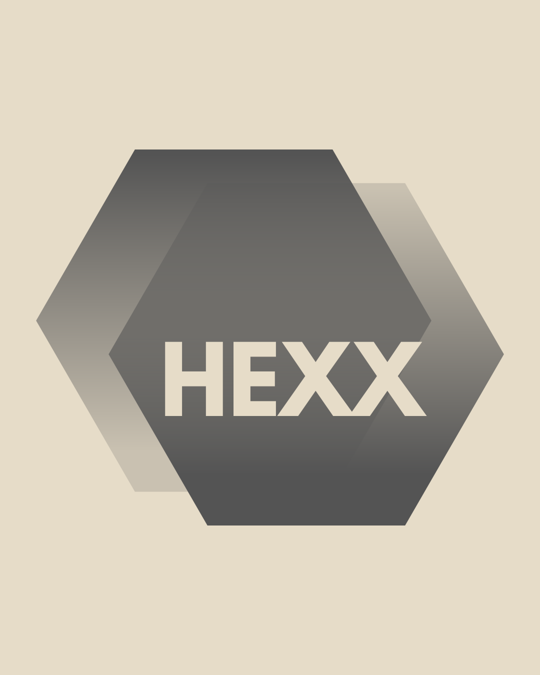 A logo with a hexagonal shape and the word 'HEXX' in the center, in shades of black and gray, on a beige background.