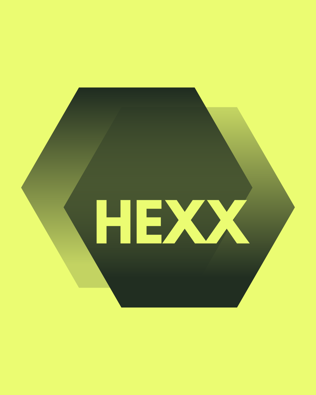 A graphic design with the word 'HEXX' inside a black hexagon, with a background of a larger light yellow hexagon and a darker yellow background.
