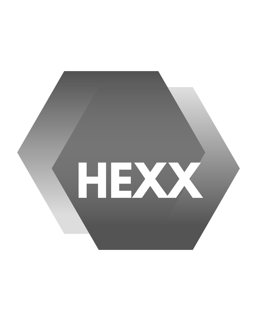 A grayscale logo with three overlapping hexagons and the word 'HEXX' in the center.