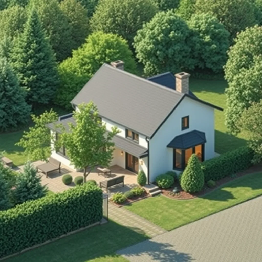 Vue aérienne d'une maison moderne avec un jardin entouré d'arbres.
