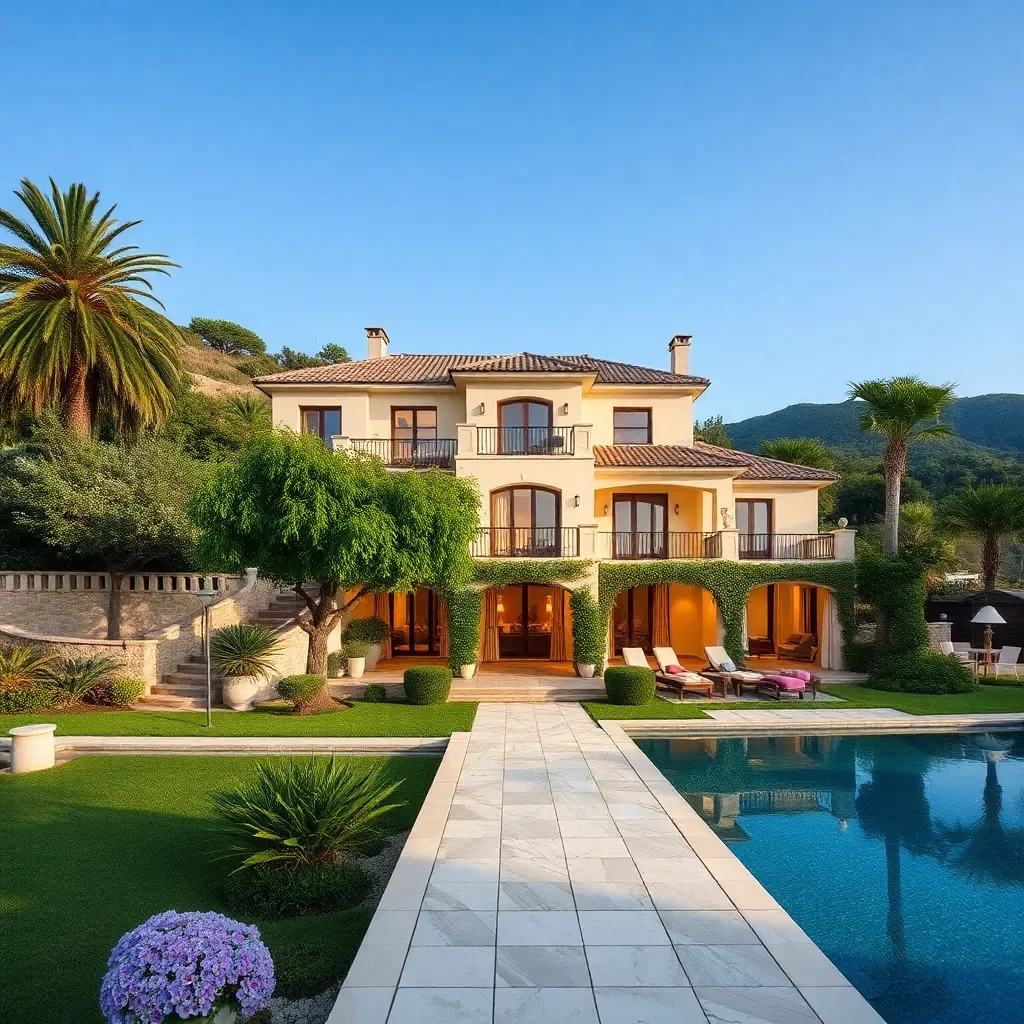 Une grande maison de style méditerranéen avec un jardin bien entretenu, une piscine et des chaises longues, sous un ciel bleu.