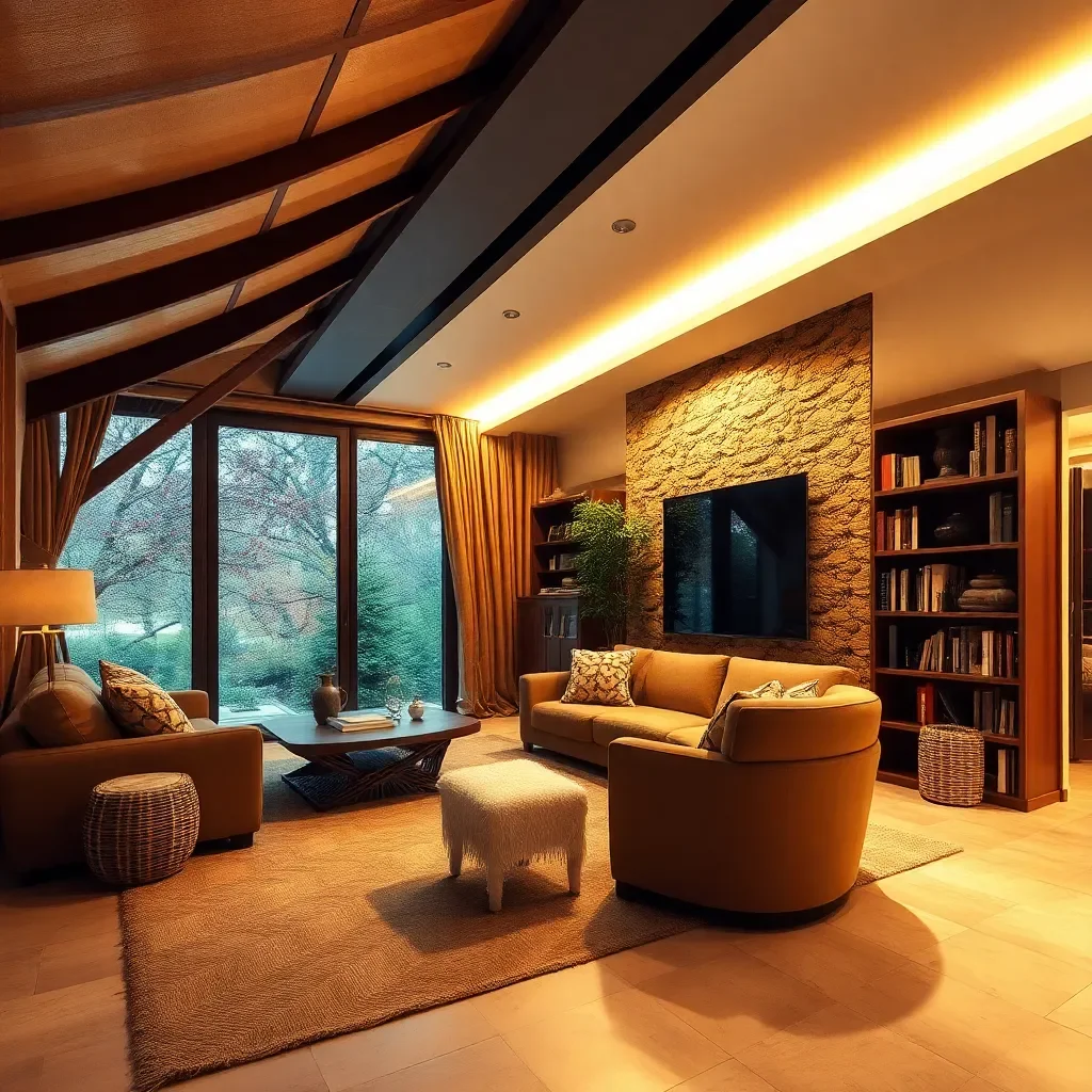 Salon moderne avec canapé beige, fauteuils, étagères avec livres, mur en pierre avec télévision, grande fenêtre avec vue sur la nature, éclairage chaud.