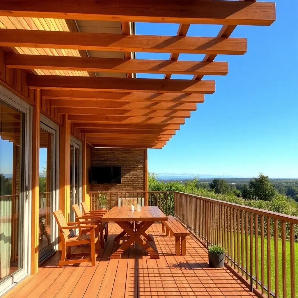 Balcon en bois avec table et chaises, vue panoramique sur la campagne, ciel bleu clair, espace extérieur ensoleillé.