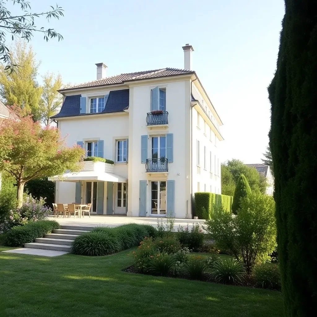 Une grande maison blanche à plusieurs étages avec des fenêtres à volets bleus, un petit balcon en fer forgé, une terrasse avec une table et des chaises, entourée de végétation et d'arbres dans un jardin bien entretenu.