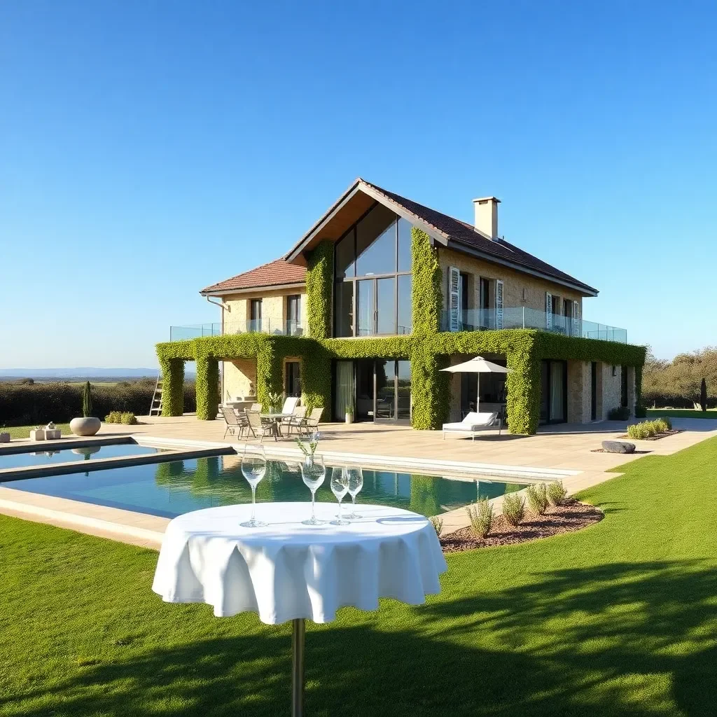 Maison moderne avec une piscine et un mobilier de jardin, vue claire et extérieure lumineuse.