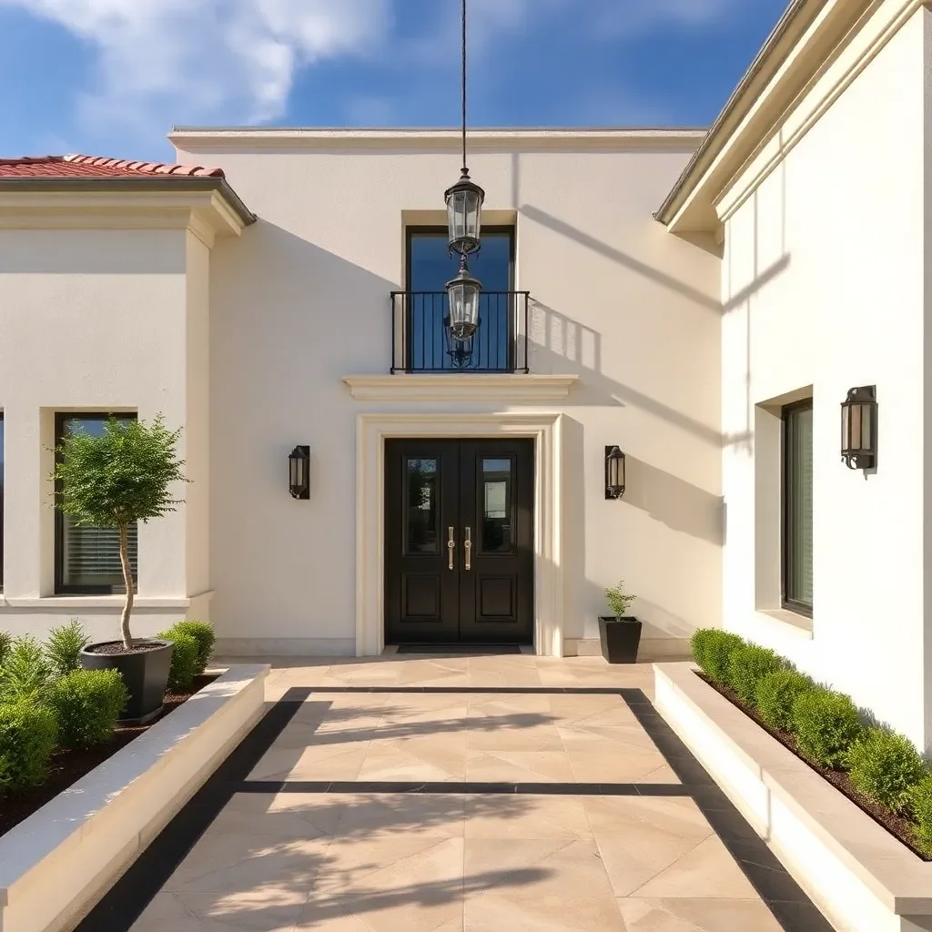 Façade d'une maison moderne blanche avec une porte noire, lampes extérieures, fenêtres et un petit balcon avec deux lanternes suspendues
