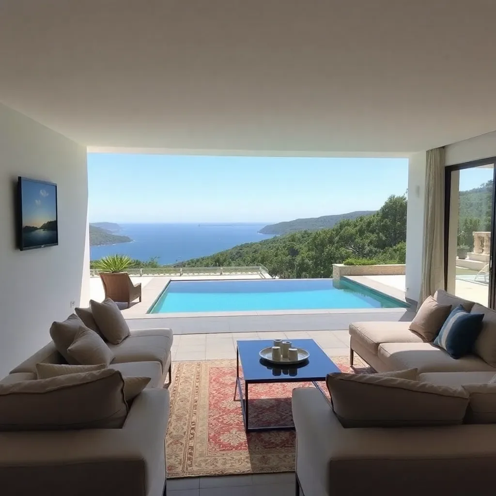 Salon intérieur avec sofa beige, table basse, vue sur une piscine à débordement et un paysage marin avec des collines vertes en arrière-plan.